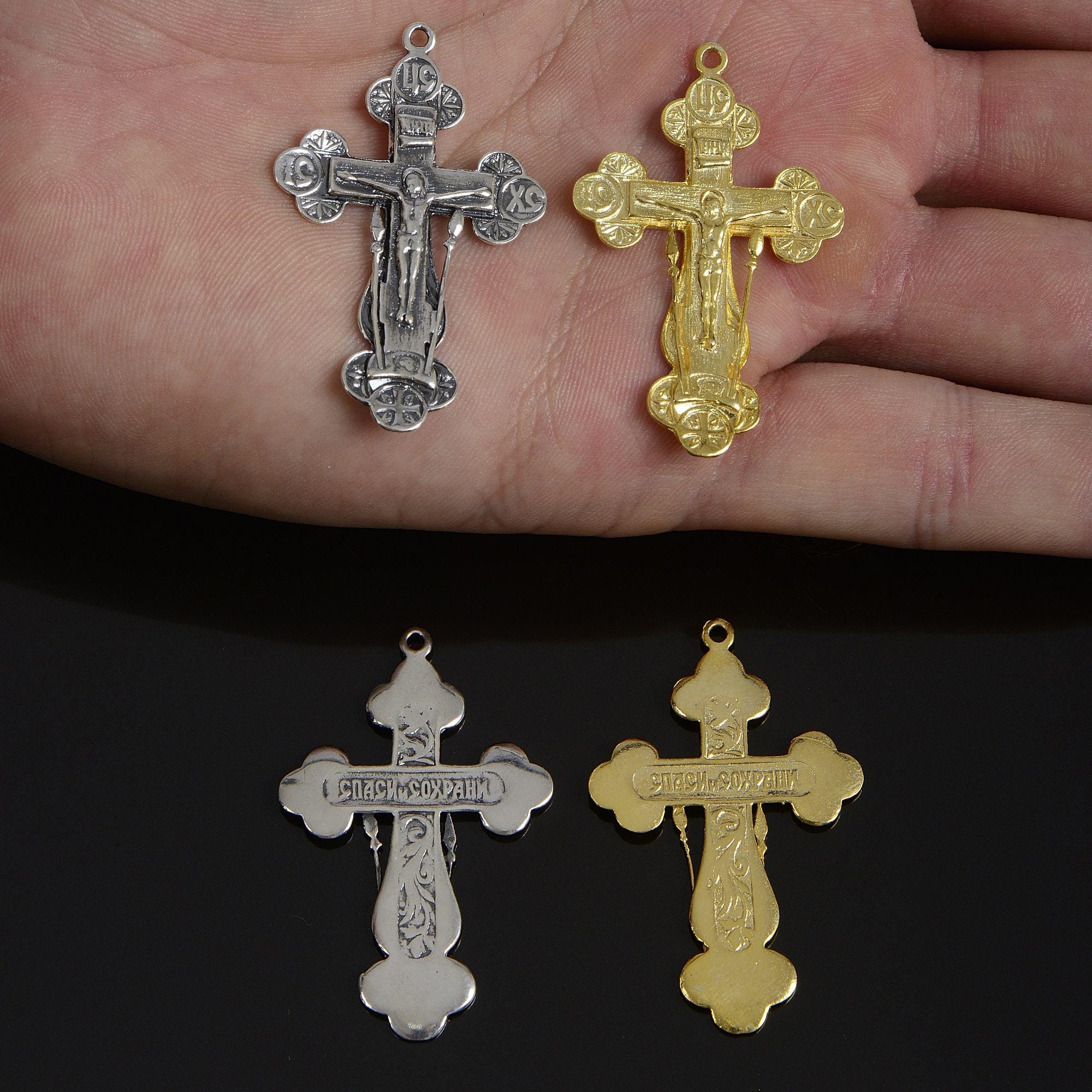 925 Sterling Silver & 24K Gold Vermeil Pendant Elaborate large Orthodox Crucifix with Instruments of Tirture, Jewelry Supply, R40P-RV40P