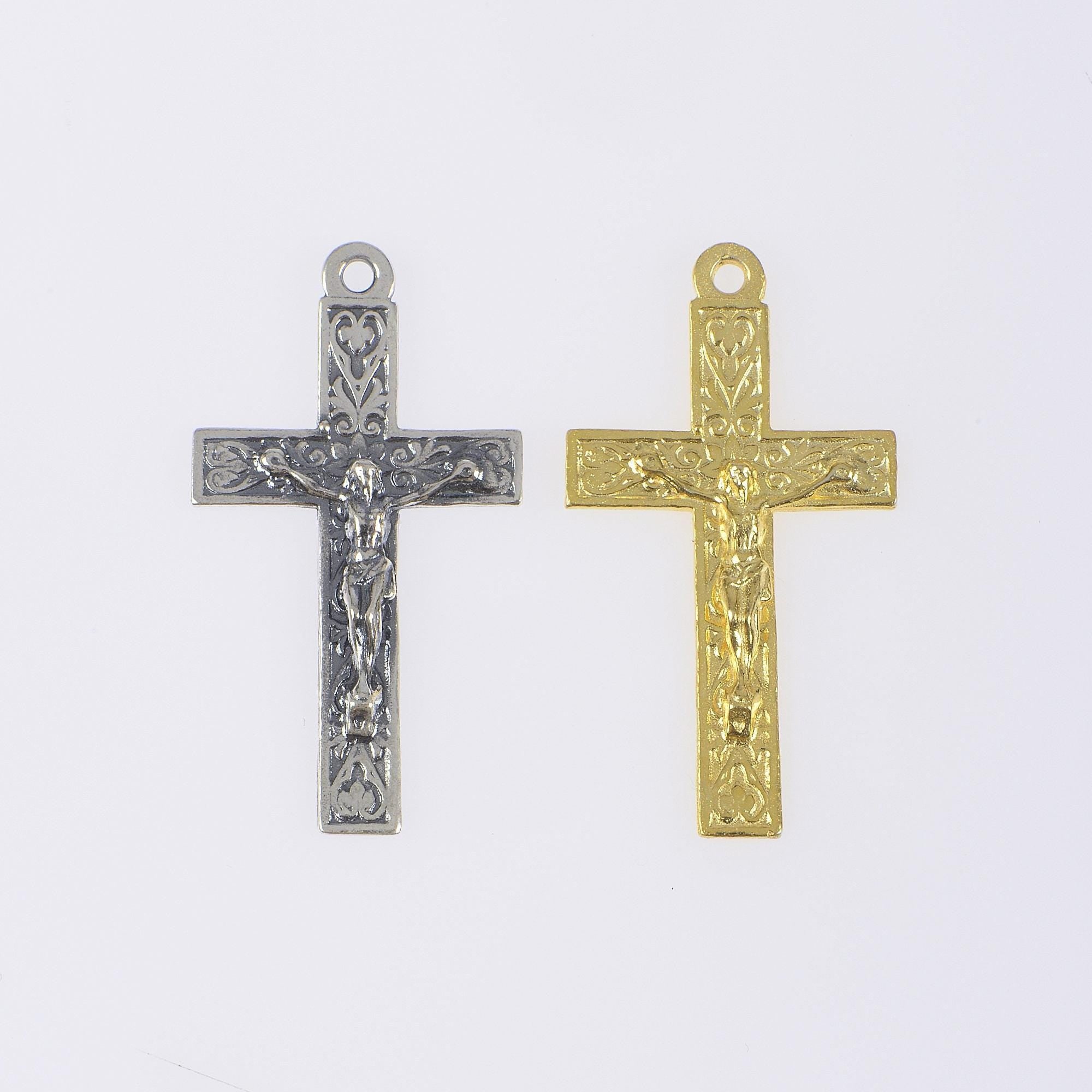 925 Sterling Silver & 24K Gold Vermeil Cross Pendant, Elaborate Crucifix with Art Nouveau Style, Jewelry Supply, R45-RV45