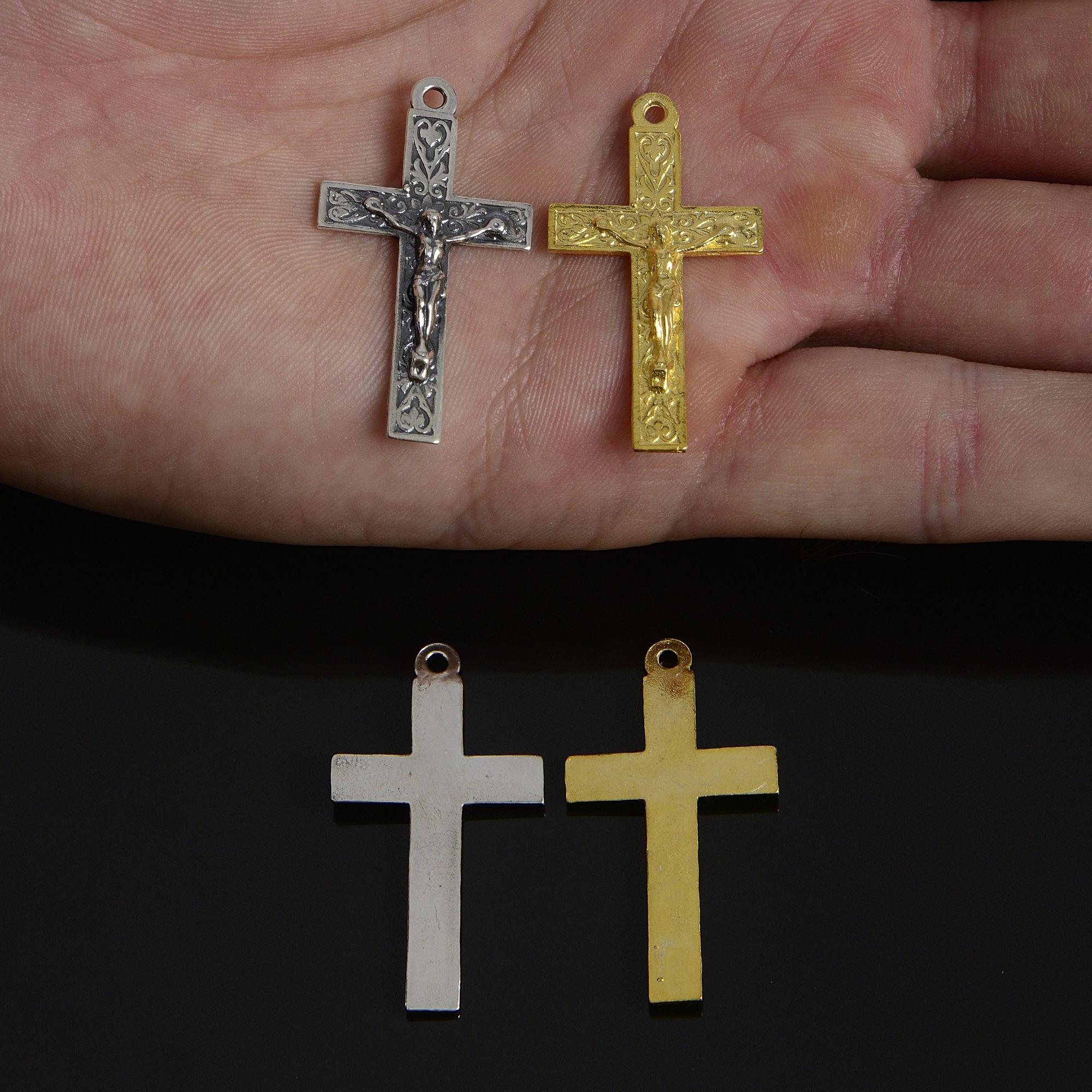 925 Sterling Silver & 24K Gold Vermeil Cross Pendant, Elaborate Crucifix with Art Nouveau Style, Jewelry Supply, R45-RV45