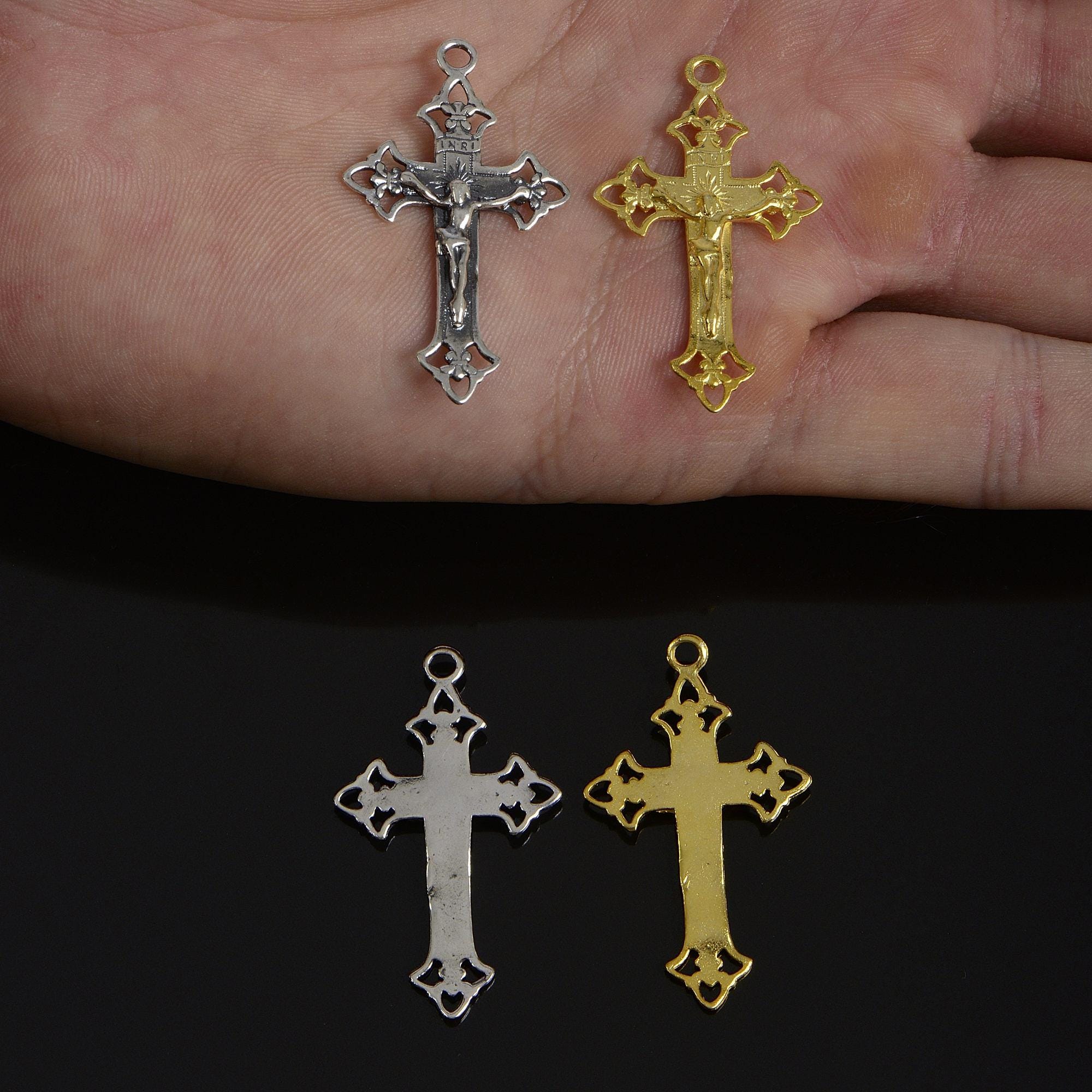 925 Sterling Silver & 24K Gold Vermeil Cross Pendant, Open work Crucifix, Jewelry Supply, R49-RV49