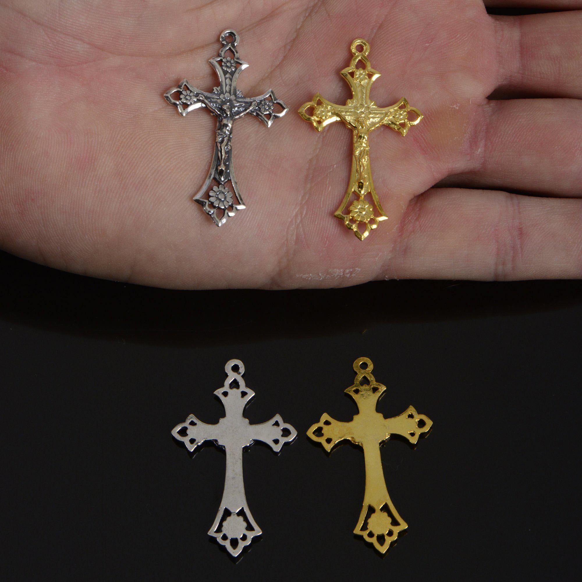925 Sterling Silver & 24K Gold Vermeil Open work Crucifix with Daisies, Jewelry Supply, R62-RV62
