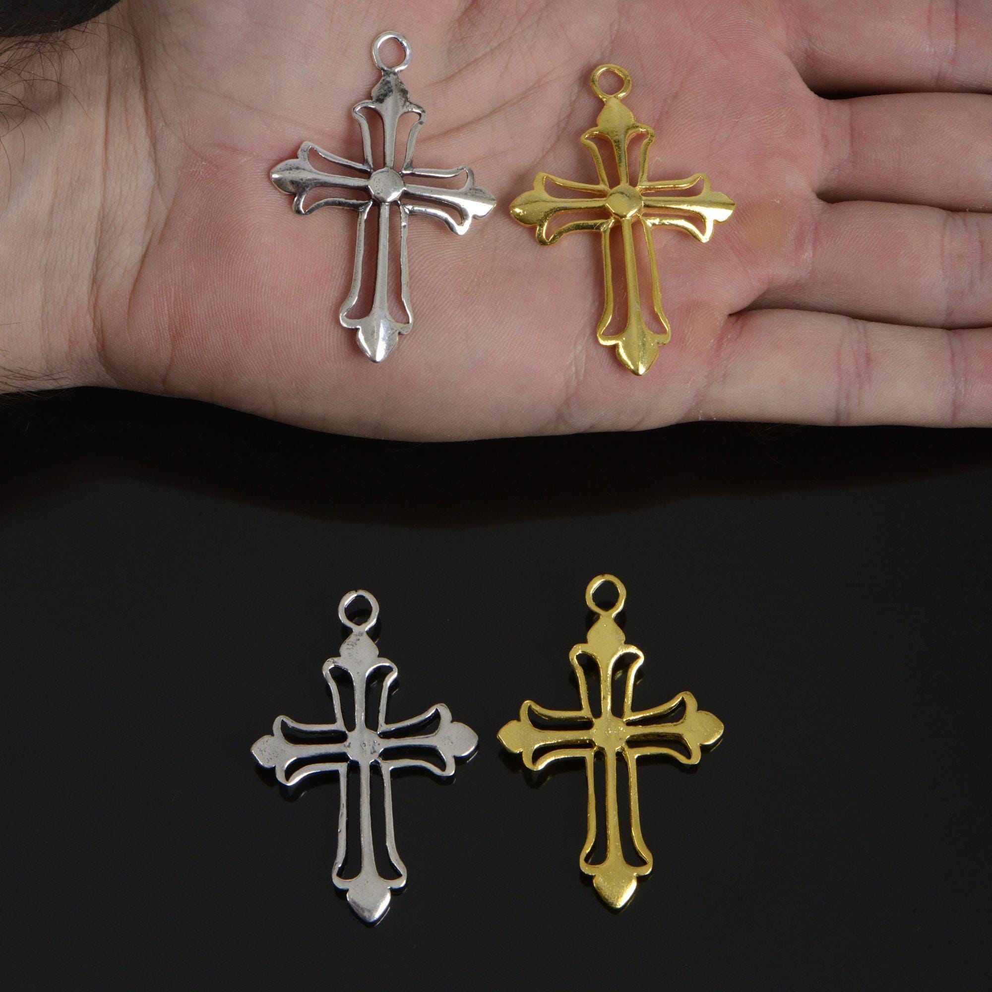 925 Sterling Silver & 24K Gold Vermeil Cross Pendant , Open work Plain and Large Cross, Jewelry Supply, R100- RV100