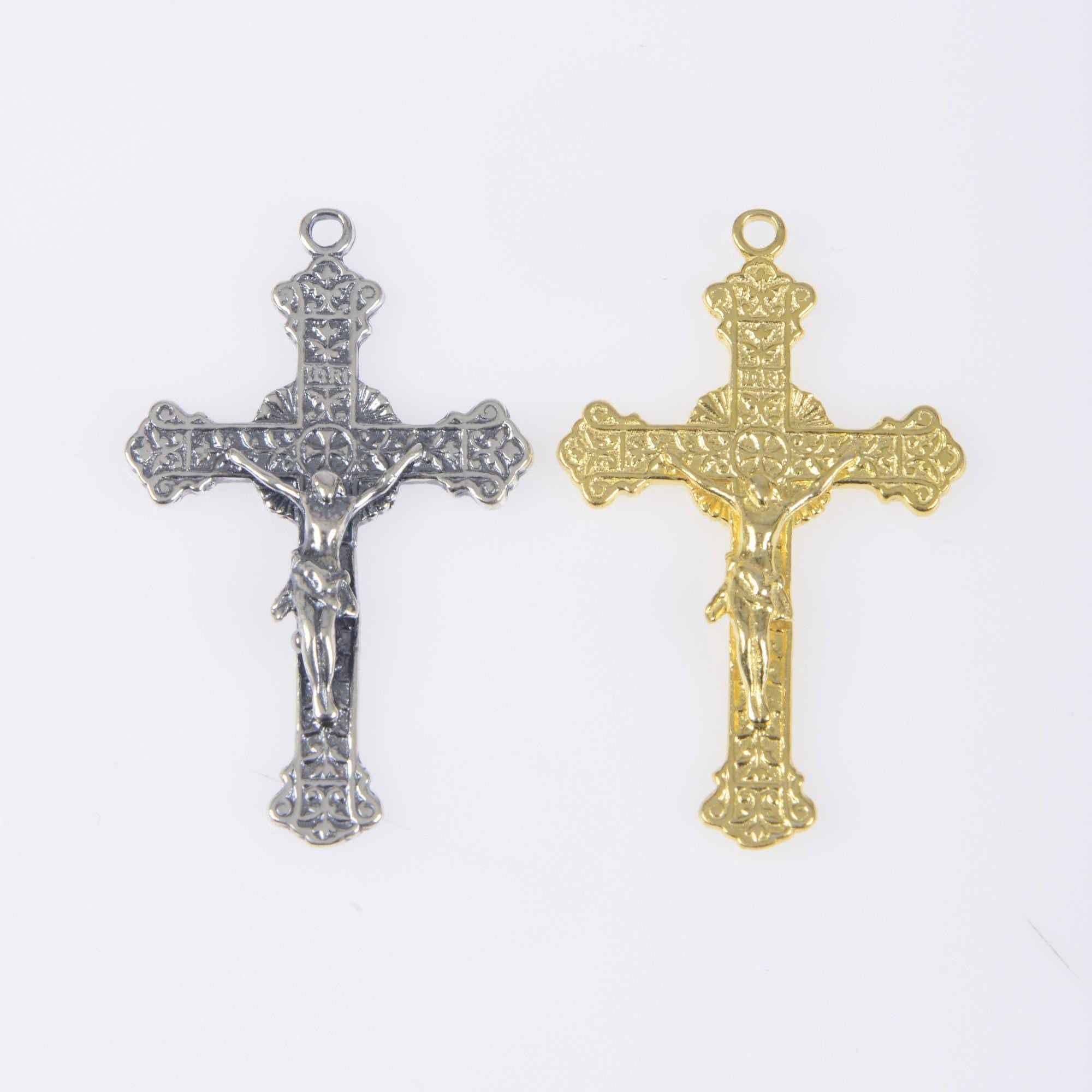 925 Sterling Silver & 24K Gold Vermeil Cross Pendant, Elaborate Art Nouveau Crucifix with Sacred heart of Jesus, Jewelry Supply, R101-RV101