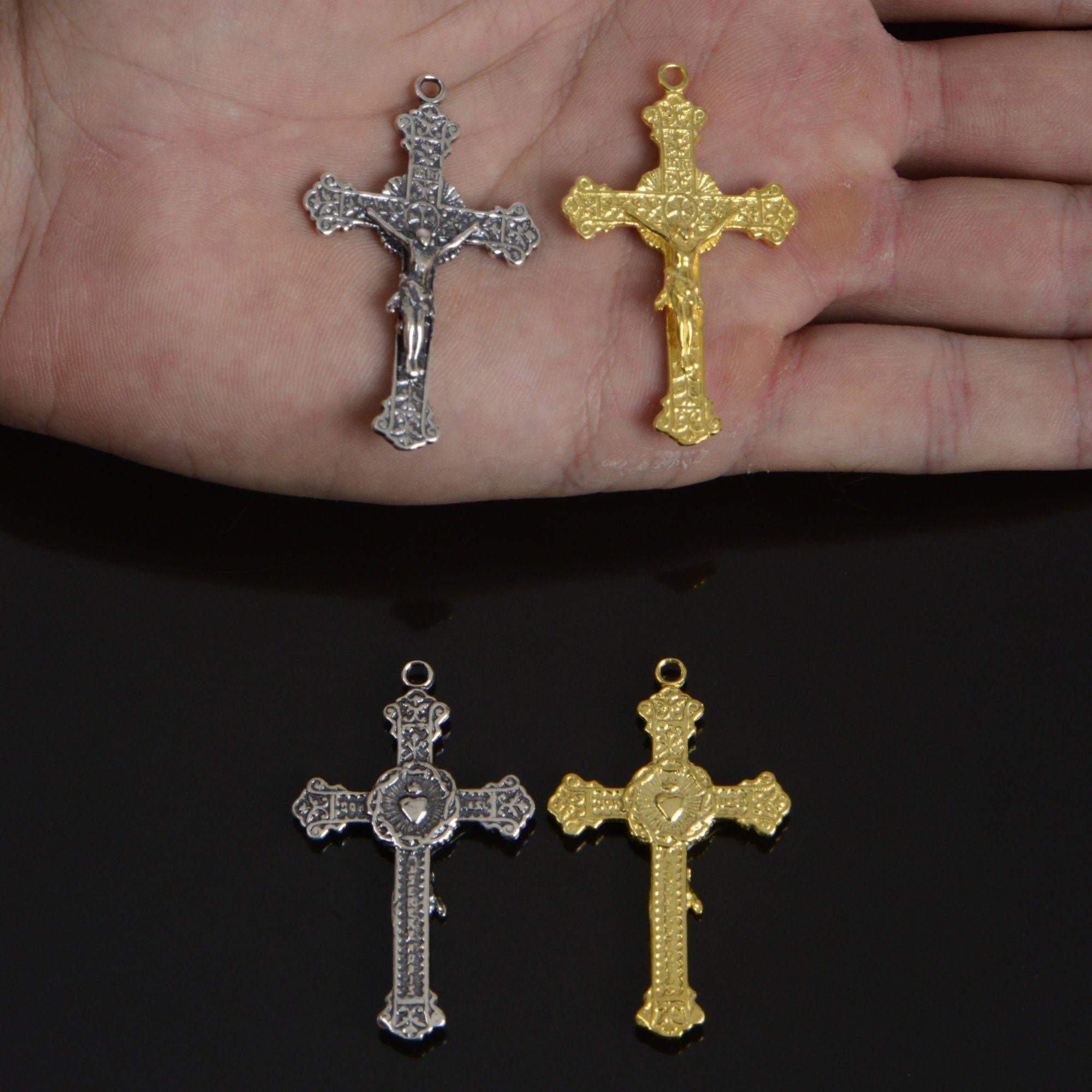 925 Sterling Silver & 24K Gold Vermeil Cross Pendant, Elaborate Art Nouveau Crucifix with Sacred heart of Jesus, Jewelry Supply, R101-RV101