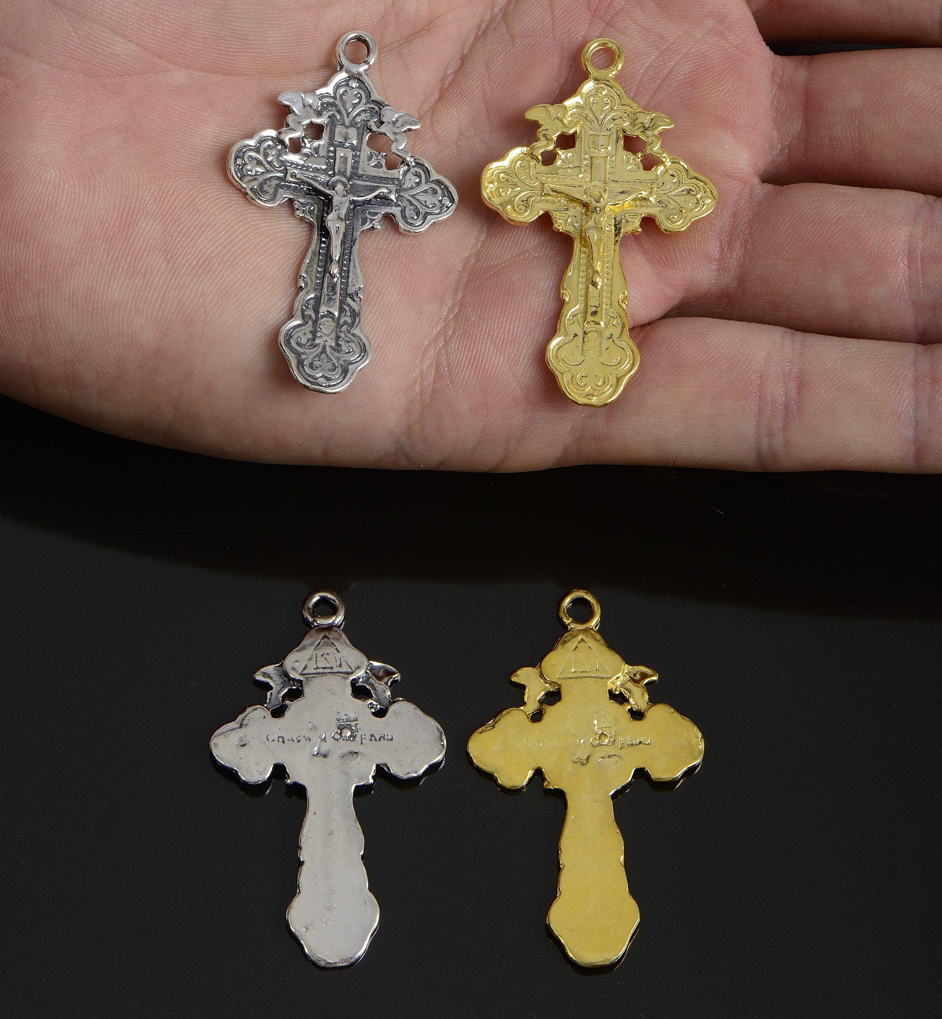 925 Sterling Silver & 24K Gold Vermeil Cross Pendant, Pendant Russian Greek Style Elaborate Crucifix with Angels, Jewelry Supply, R42P-RV42P