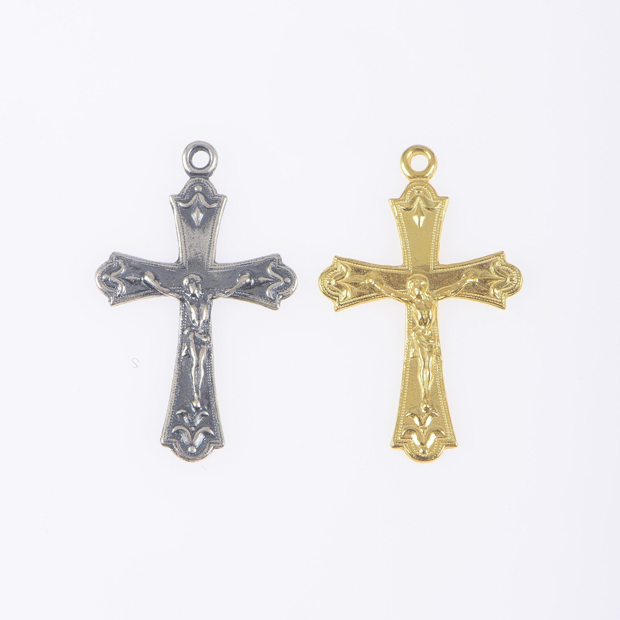 925 Sterling Silver & 24K Gold Vermeil Cross Pendant , Crucifix with Fleur de Lys, Jewelry Supply, R44-RV44