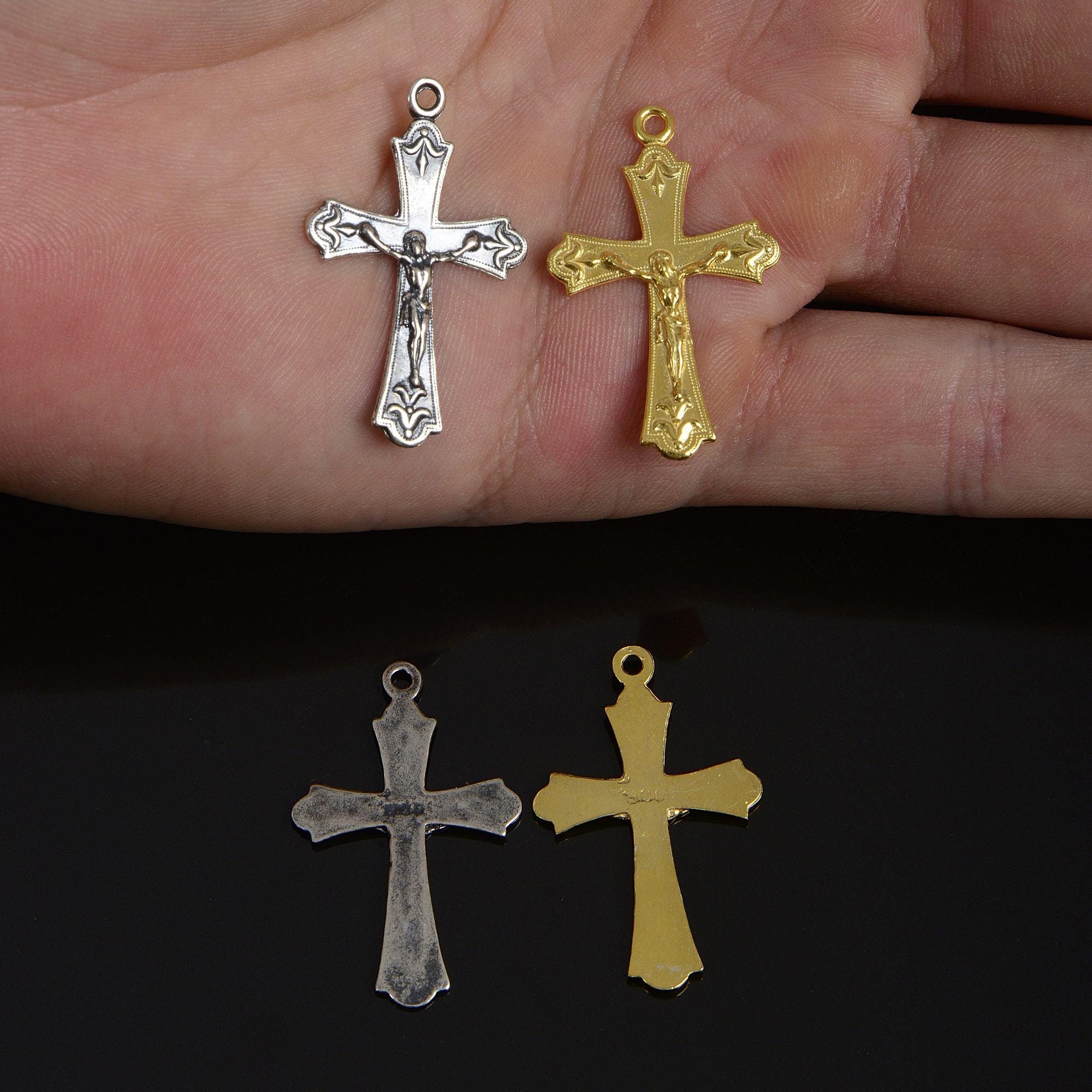 925 Sterling Silver & 24K Gold Vermeil Cross Pendant , Crucifix with Fleur de Lys, Jewelry Supply, R44-RV44