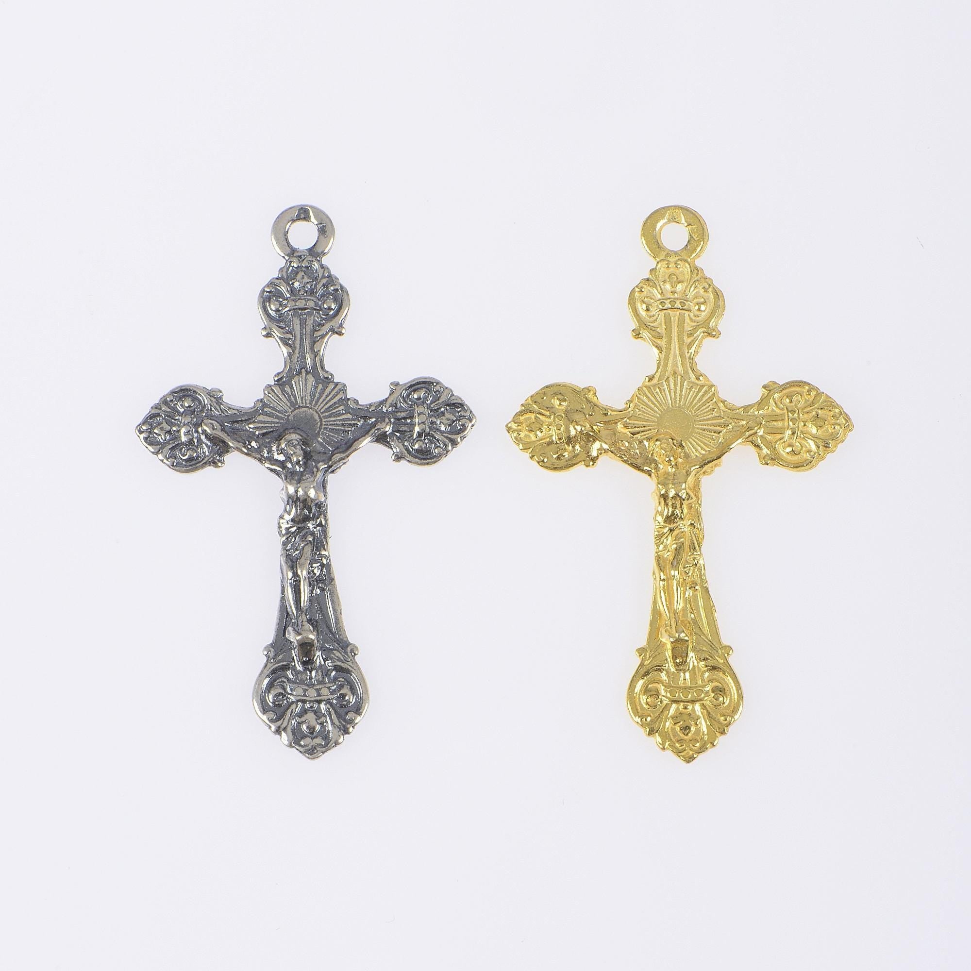 925 Sterling Silver & 24K Gold Vermeil Cross Pendant, Art Nouveau Crucifix, Jewelry Supply, R51-RV51