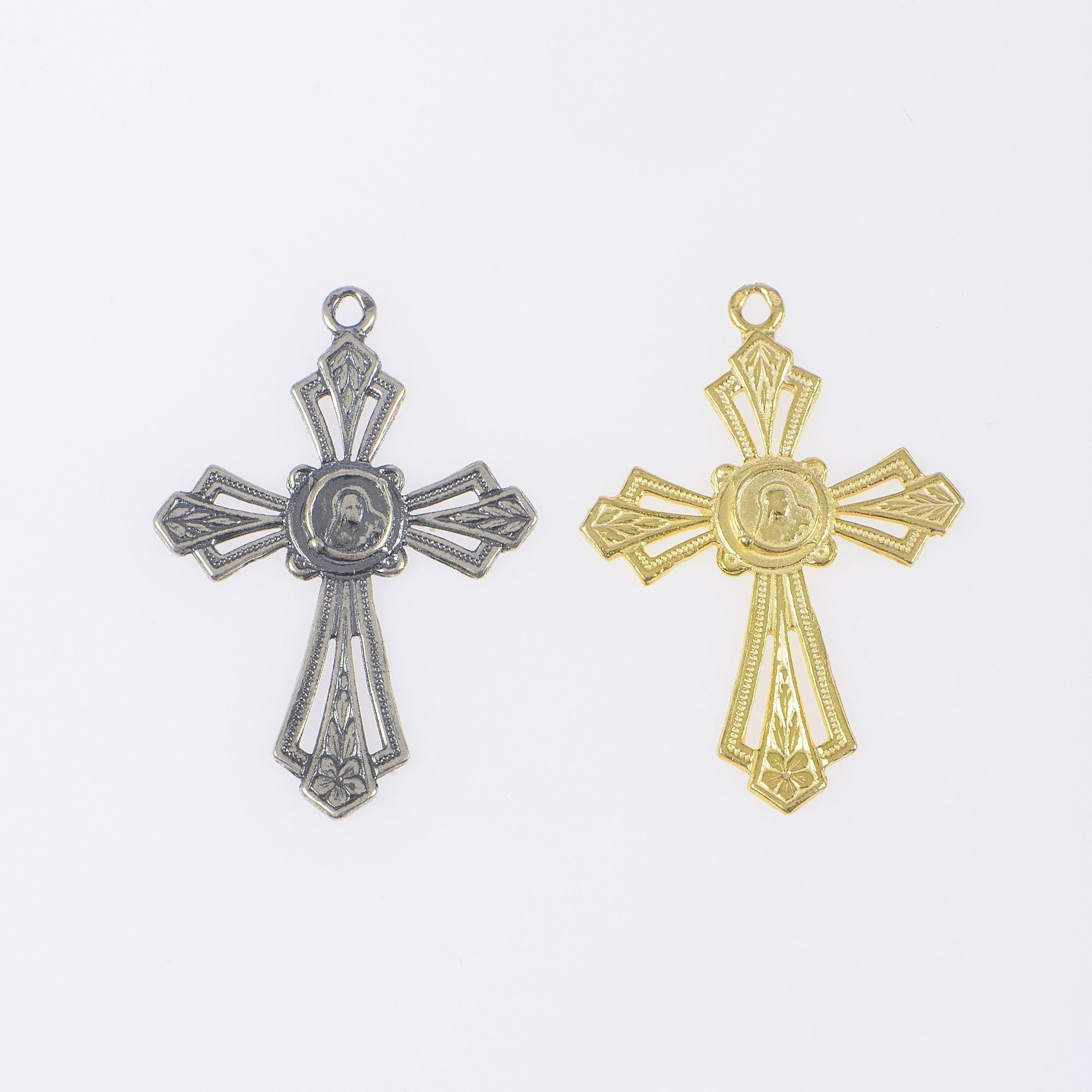 925 Sterling Silver & 24K Gold Vermeil Pendant Open Work St Therese Cross, Jewelry Supply, R52P-RV52P