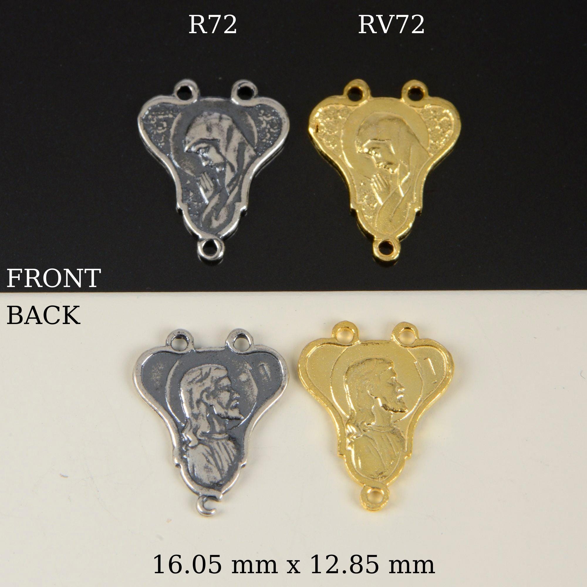 925 Sterling Silver & 24K Gold Vermeil Rosary Center, Two Sided Jesus and Mary Heart Shaped Rosary Center, Jewelry Supply, R72-RV72