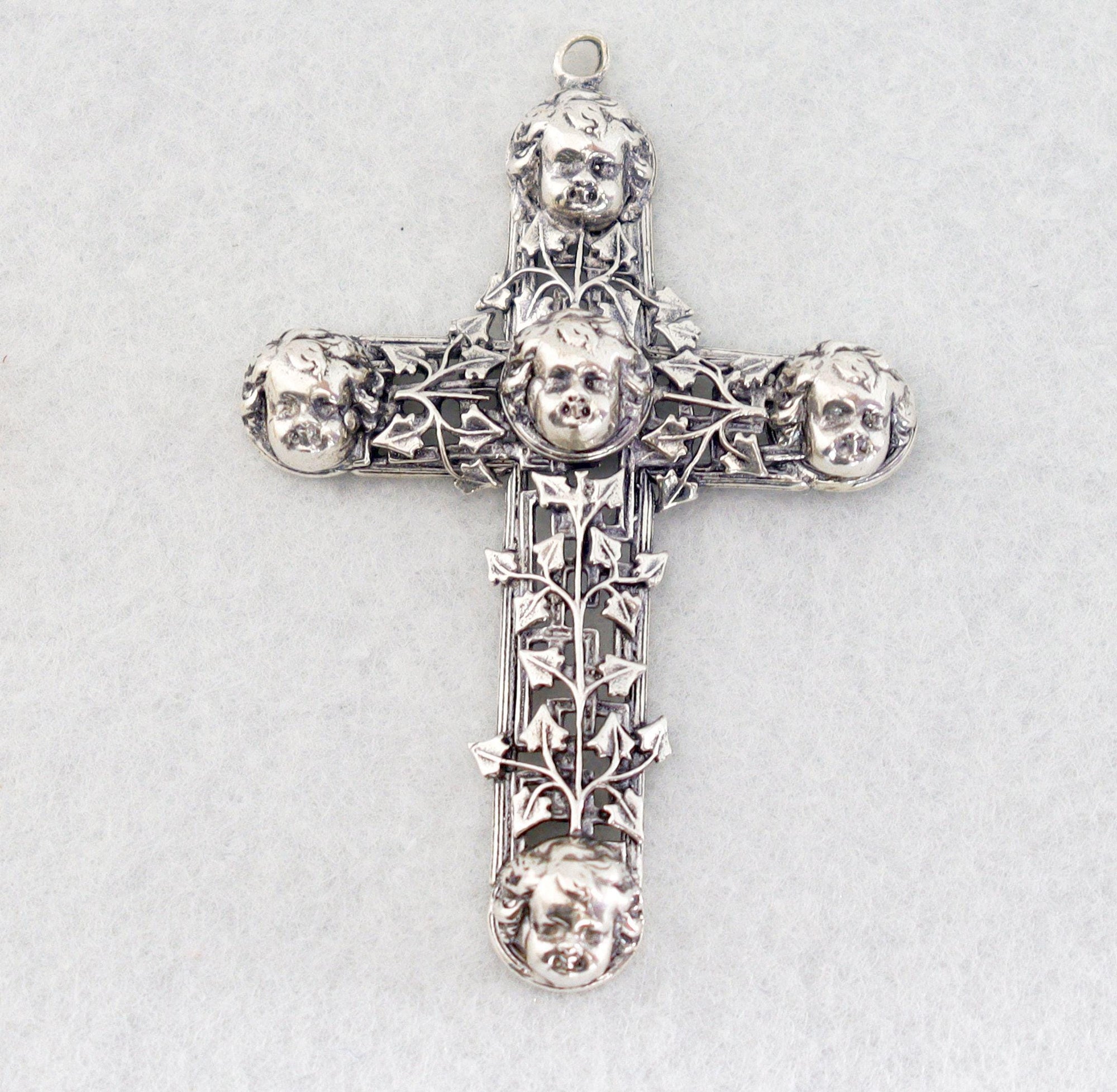 Large 925 Sterling Silver & 24K Gold Vermeil Filigree Angel Head Cross, Pectoral Pendant – Art Nouveau – Rare, Jewelry Supply, R14-RV14