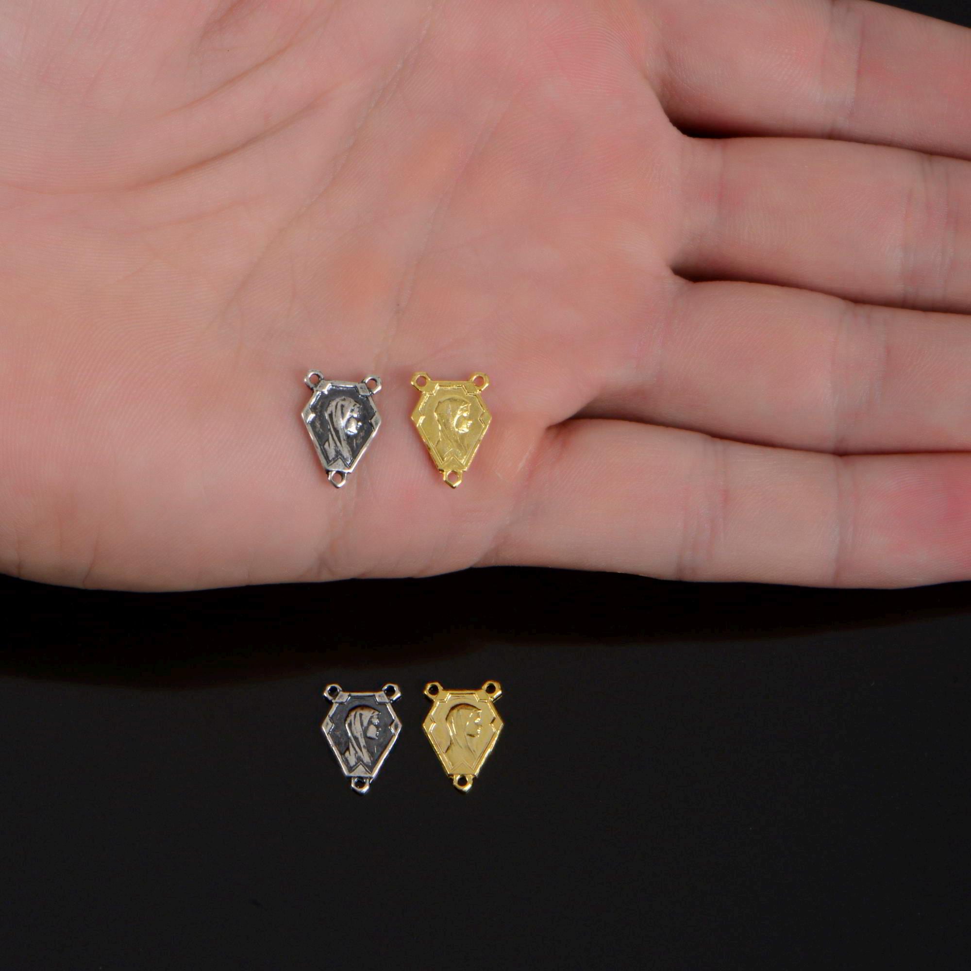 925 Sterling Silver & 24K Gold Vermeil Virgin Mary and Sacred heart of Jesus double sided Rosary Center, Jewelry Supply, R91-RV91