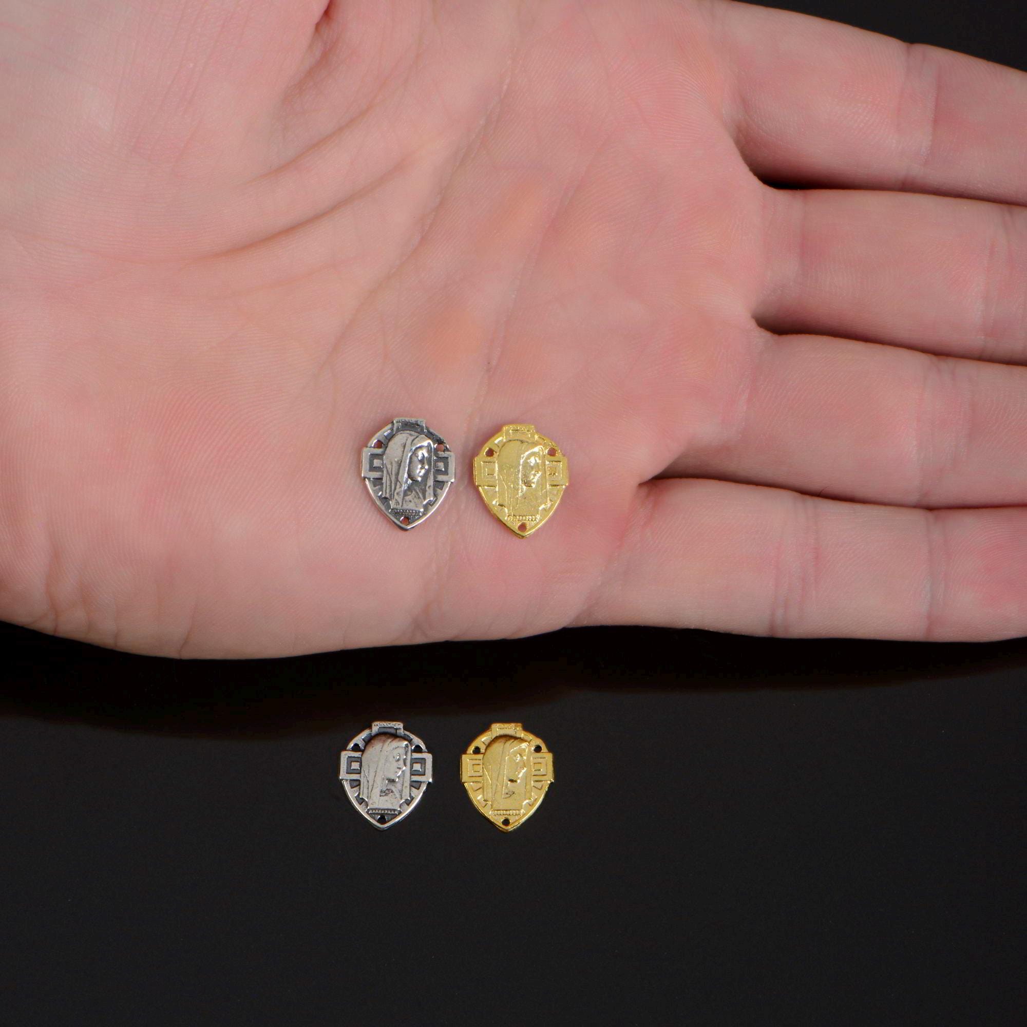 925 Sterling Silver & 24K Gold Vermeil Virgin Mary and Cross Rosary Center, Jewelry Supply, R76-RV76