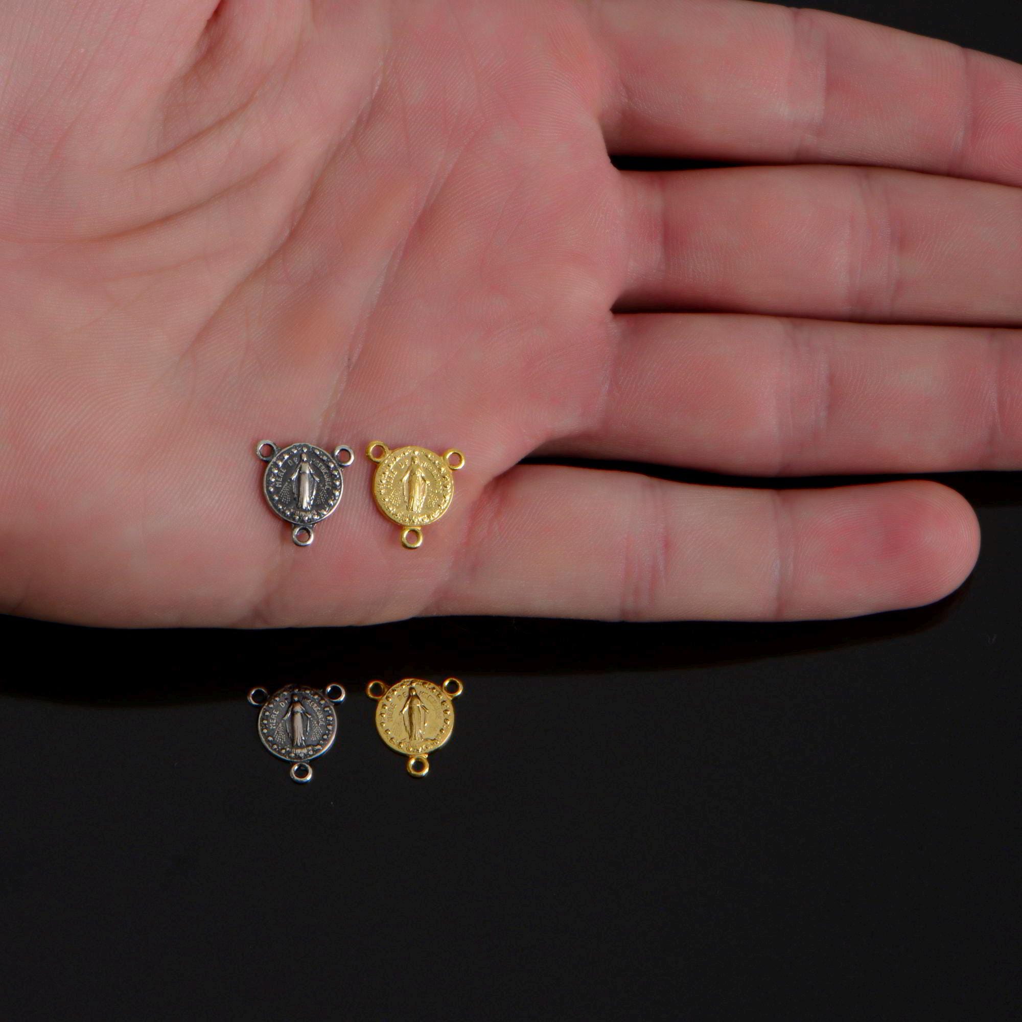 925 Sterling Silver & 24K Gold Vermeil Morther of Mercy Rosary Center, Jewelry Supply, R77-RV77