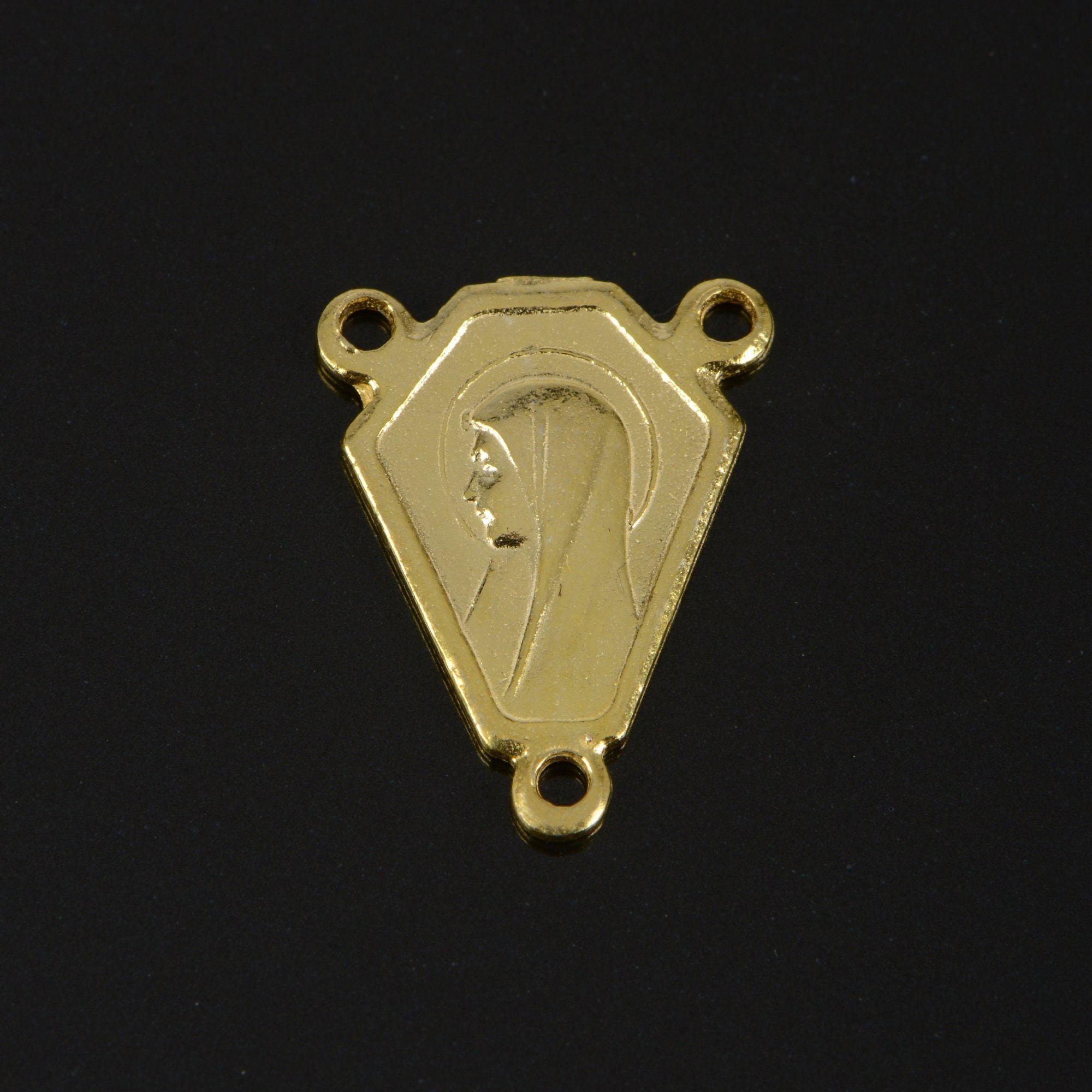 925 Sterling Silver & 24K Gold Vermeil Virgin Mary Simple Center w Fleur de Lys on Reverse Rosary Center, Jewelry Supply, R78-RV78