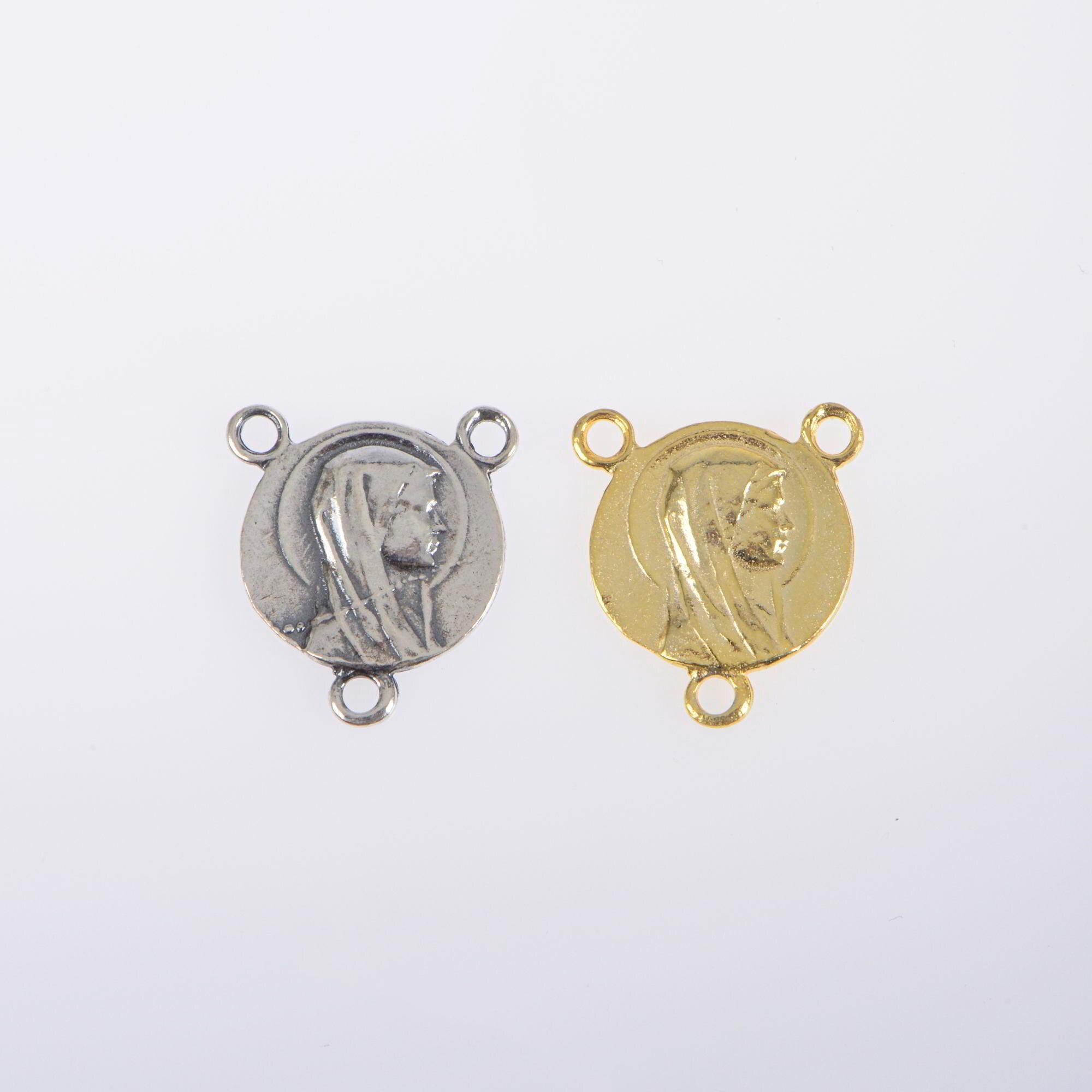 925 Sterling Silver & 24K Gold Vermeil Lourdes Apparition Round Rosary Center, Jewelry Supply, R80-RV80