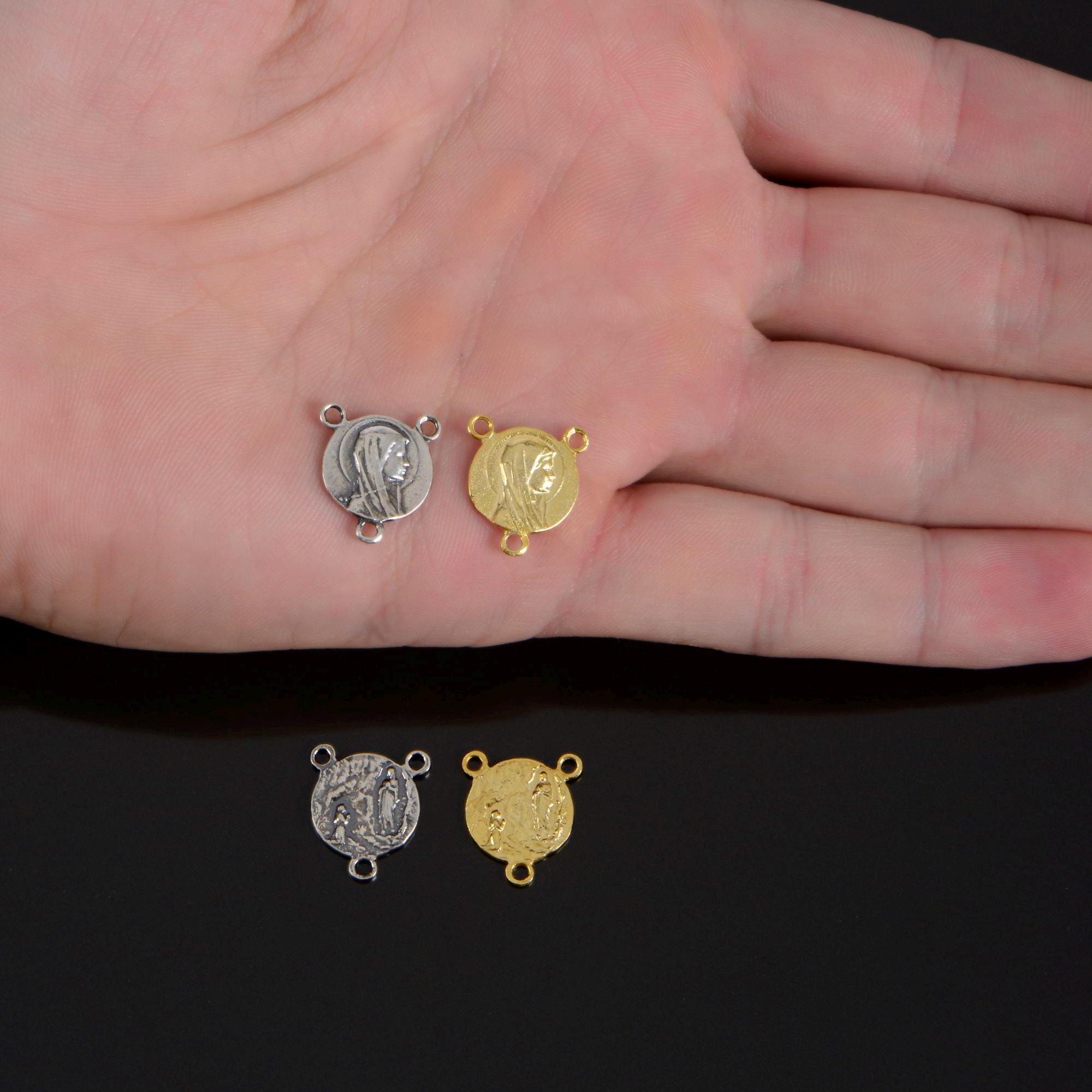 925 Sterling Silver & 24K Gold Vermeil Lourdes Apparition Round Rosary Center, Jewelry Supply, R80-RV80