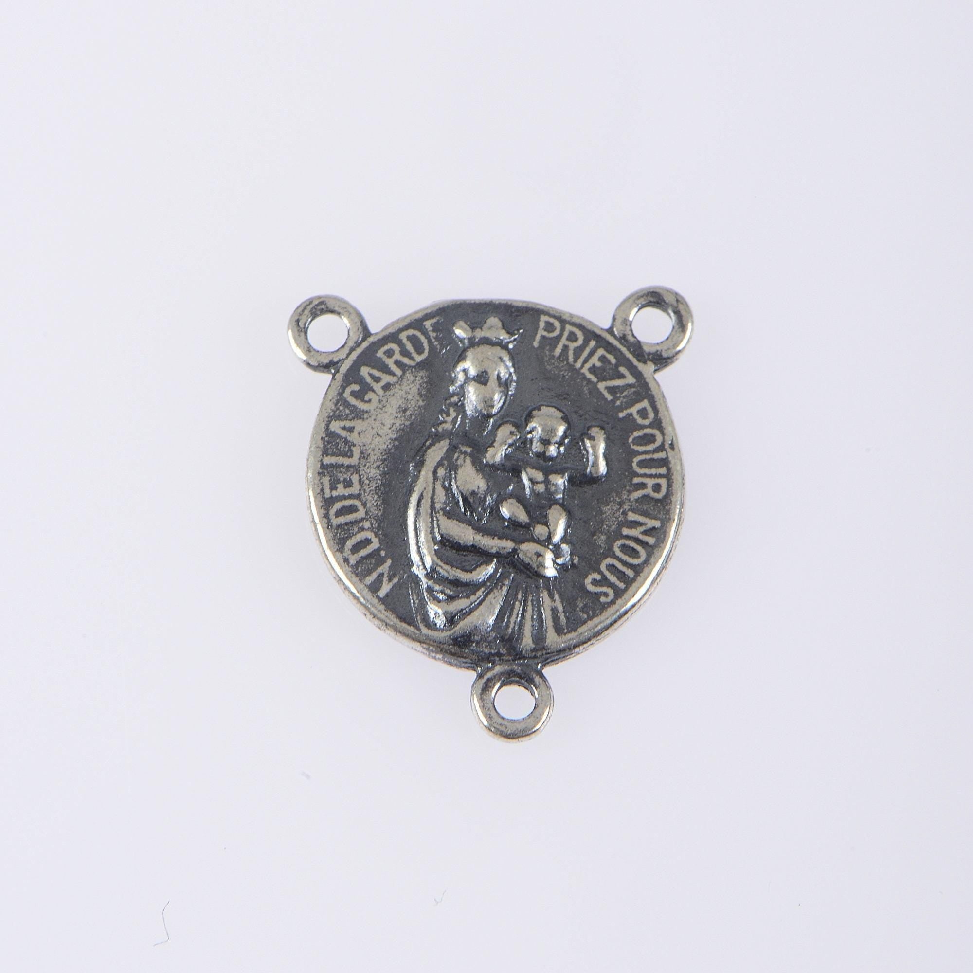 925 Sterling Silver & 24K Gold Vermeil, N.D. de la Garde and Sacred Heart of Jesus double sided Rosary Center, Jewelry Supply, R88-RV88