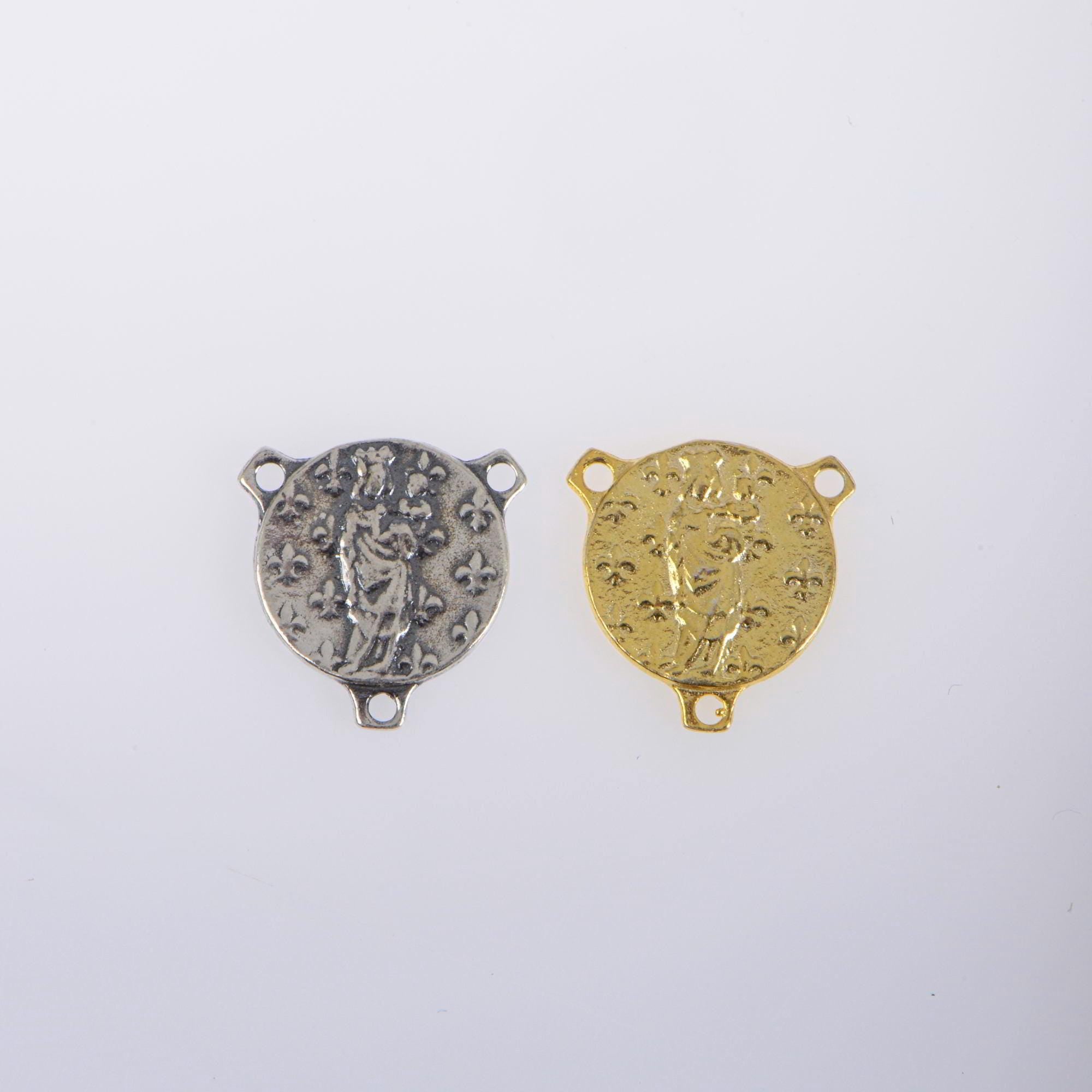 925 Sterling Silver & 24K Gold Vermeil Our Lady Mary with Fleur de Lys Rosary Center, Jewelry Supply, R96-RV96