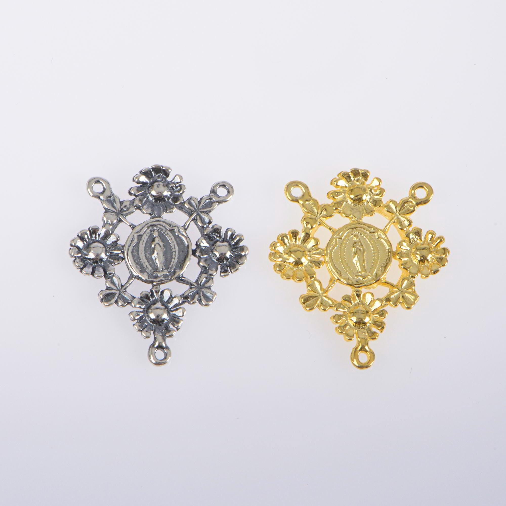 925 Sterling Silver & 24K Gold Vermeil Rosary Center, Flower Rosary Center, Round, Souvenir of Lourdes, Jewelry Supply, R106-RV106