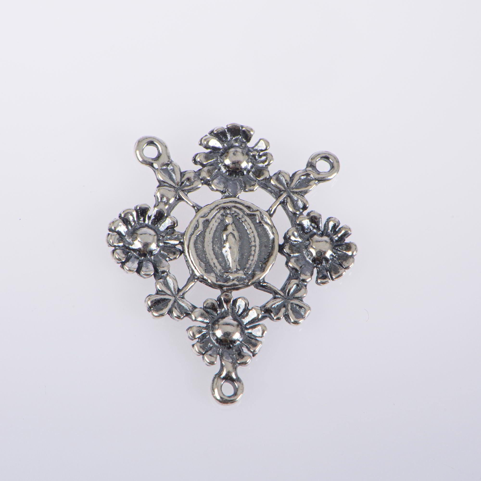 925 Sterling Silver & 24K Gold Vermeil Rosary Center, Flower Rosary Center, Round, Souvenir of Lourdes, Jewelry Supply, R106-RV106