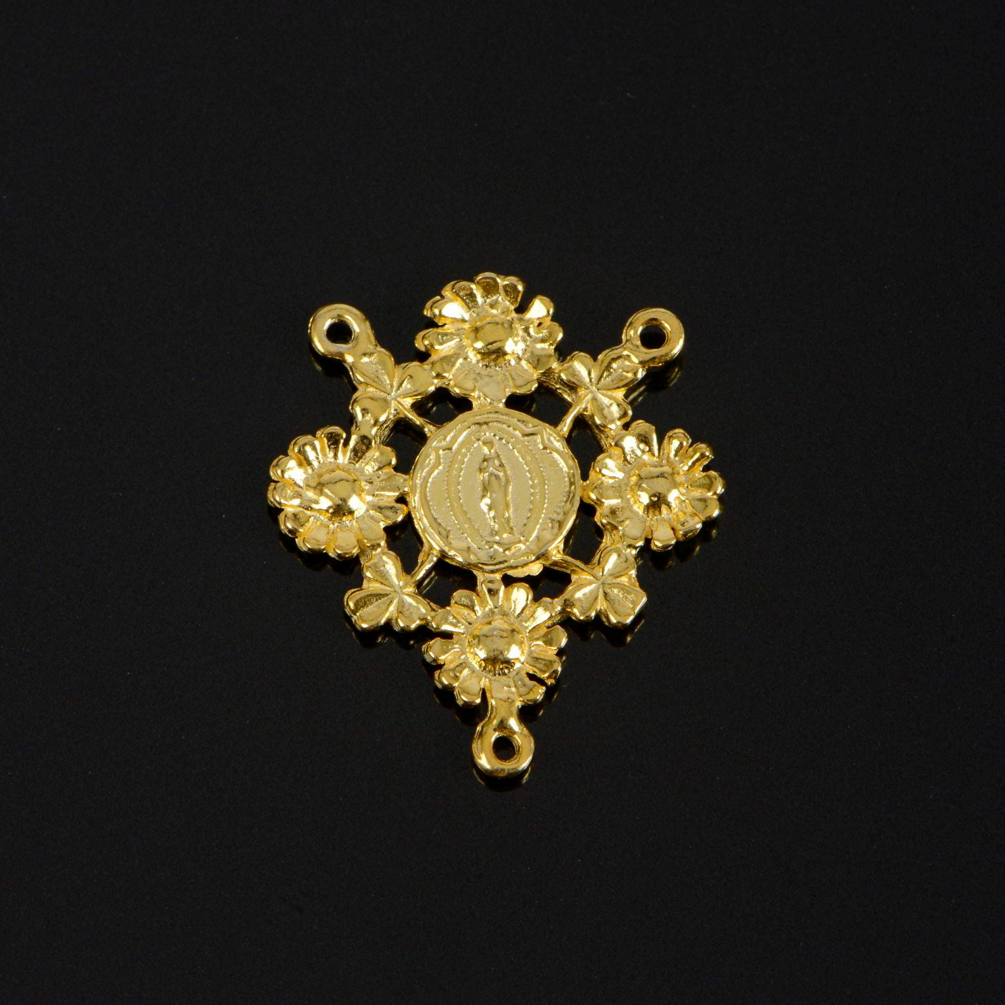 925 Sterling Silver & 24K Gold Vermeil Rosary Center, Flower Rosary Center, Round, Souvenir of Lourdes, Jewelry Supply, R106-RV106