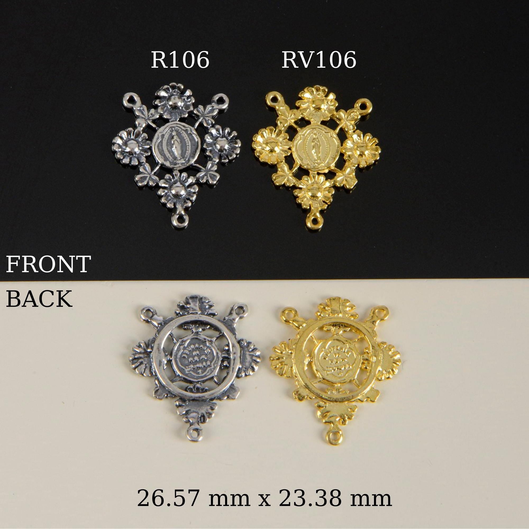 925 Sterling Silver & 24K Gold Vermeil Rosary Center, Flower Rosary Center, Round, Souvenir of Lourdes, Jewelry Supply, R106-RV106