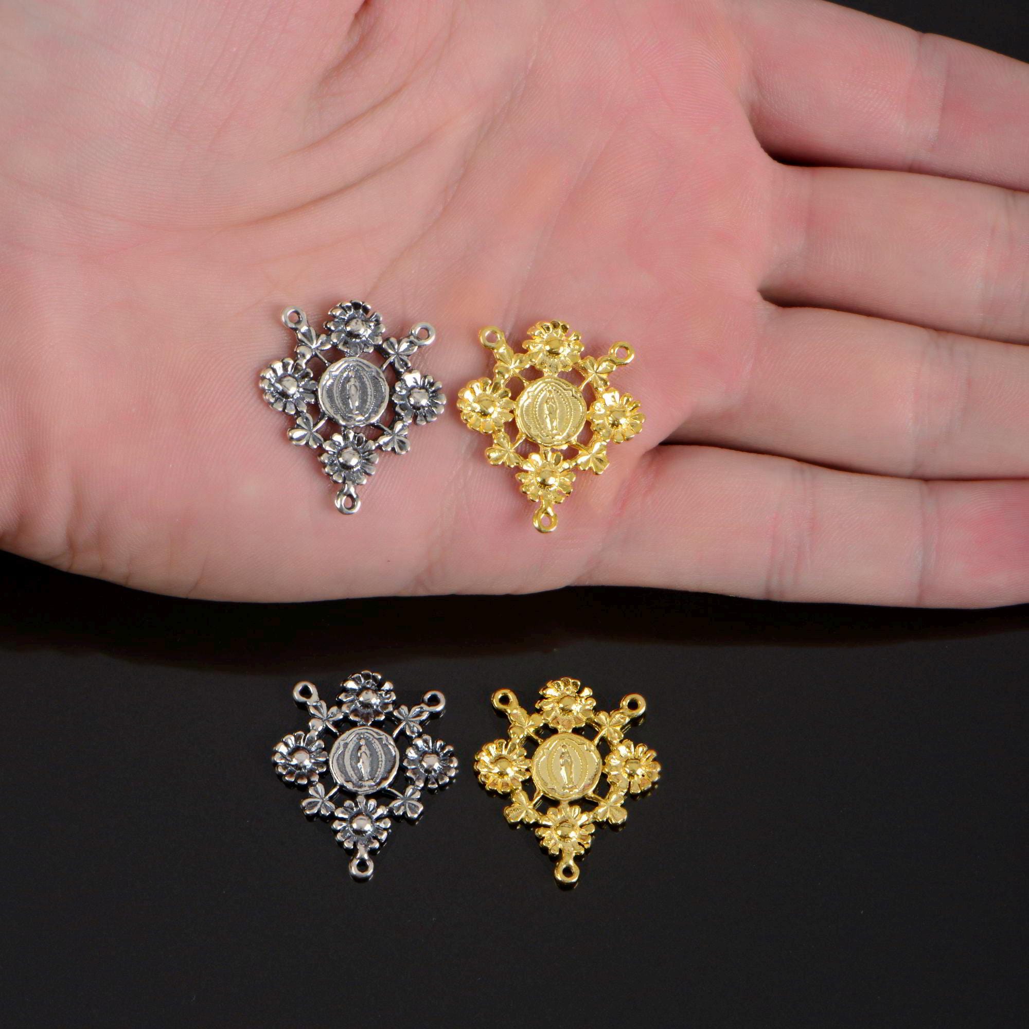 925 Sterling Silver & 24K Gold Vermeil Rosary Center, Flower Rosary Center, Round, Souvenir of Lourdes, Jewelry Supply, R106-RV106