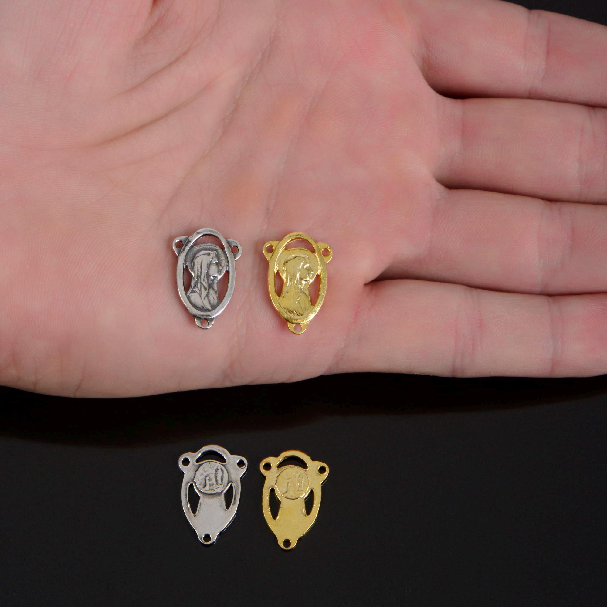 925 Sterling Silver & 24K Gold Vermeil Lourdes Apparition Open Oval Rossary Center, Jewelry Supply, R87-RV87