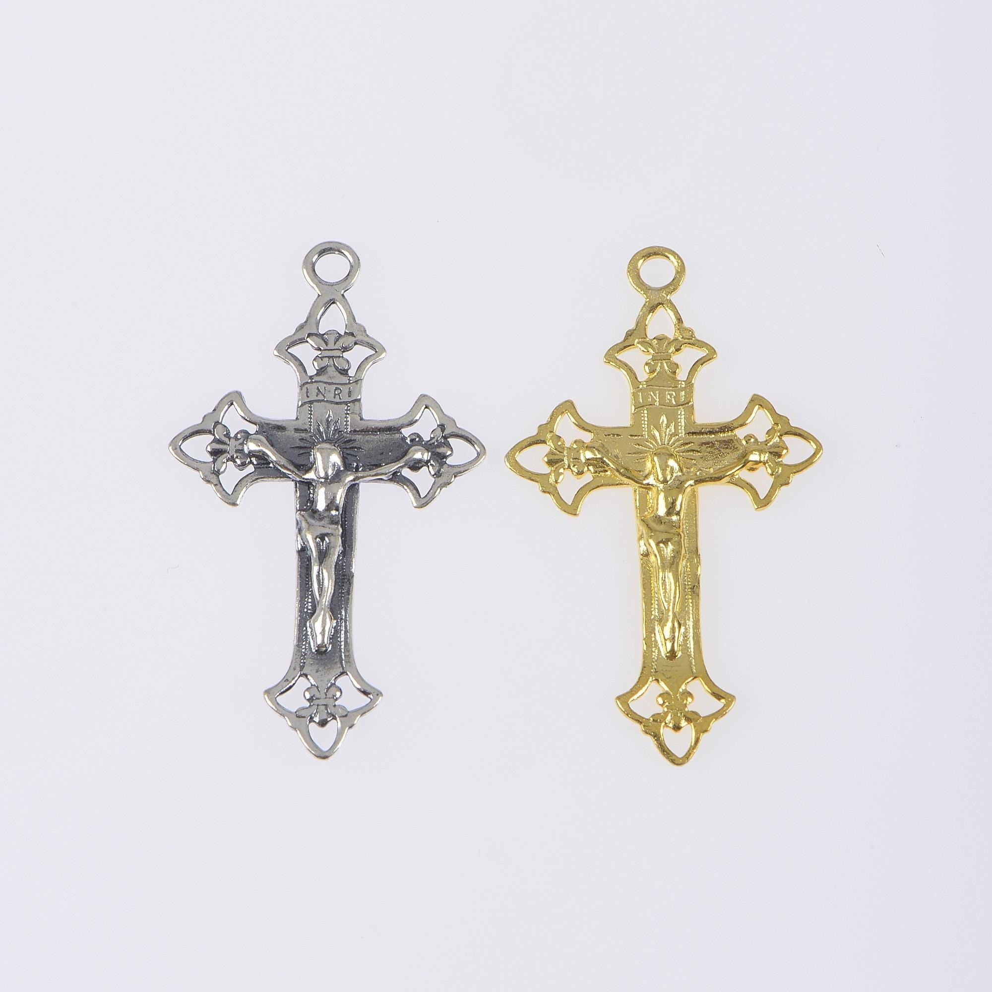 925 Sterling Silver & 24K Gold Vermeil Cross Pendant, Open work Crucifix, Jewelry Supply, R49-RV49