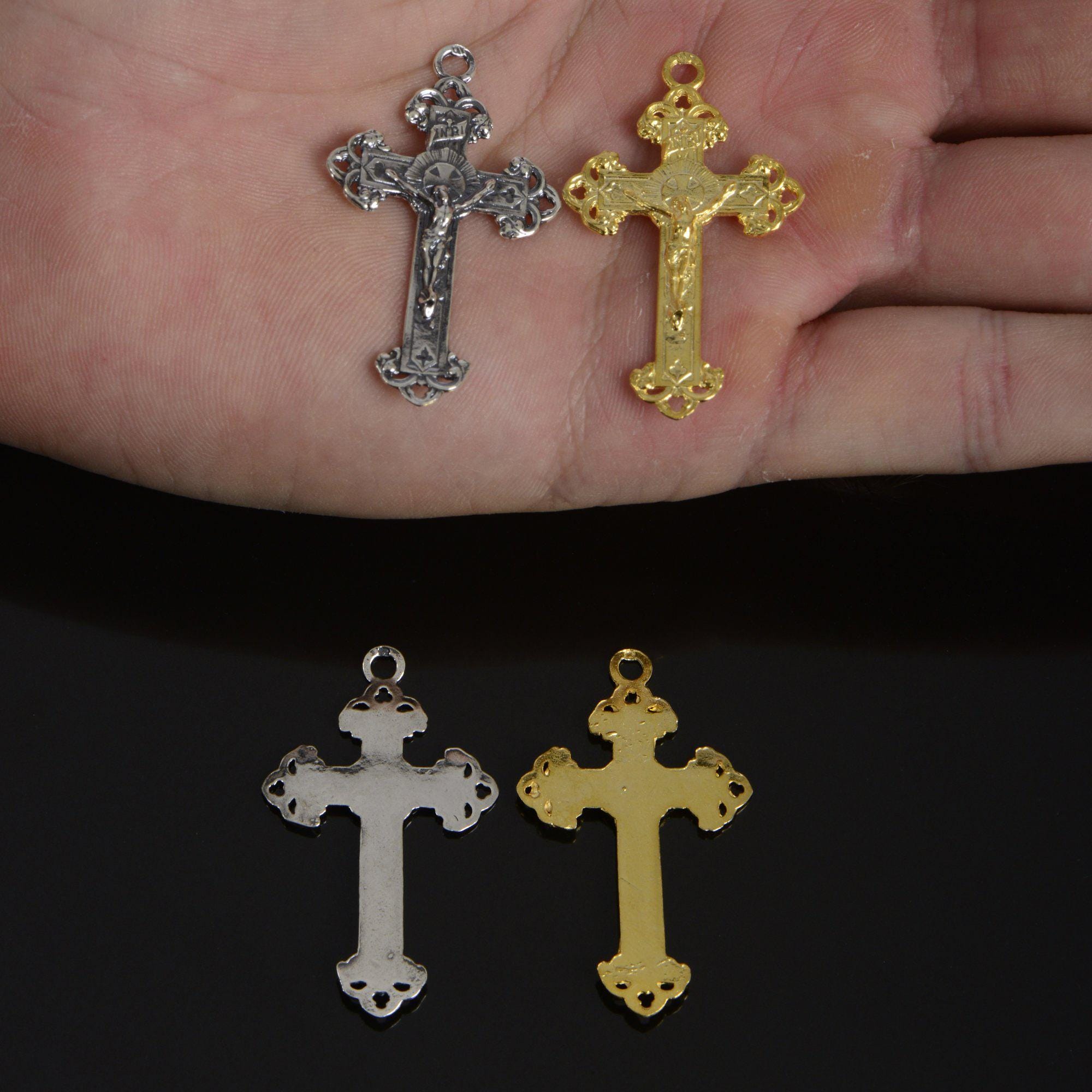925 Sterling Silver & 24K Gold Vermeil Open Work Elaborate Crucifix with Illlumination, Jewelry Supply, R60-RV60