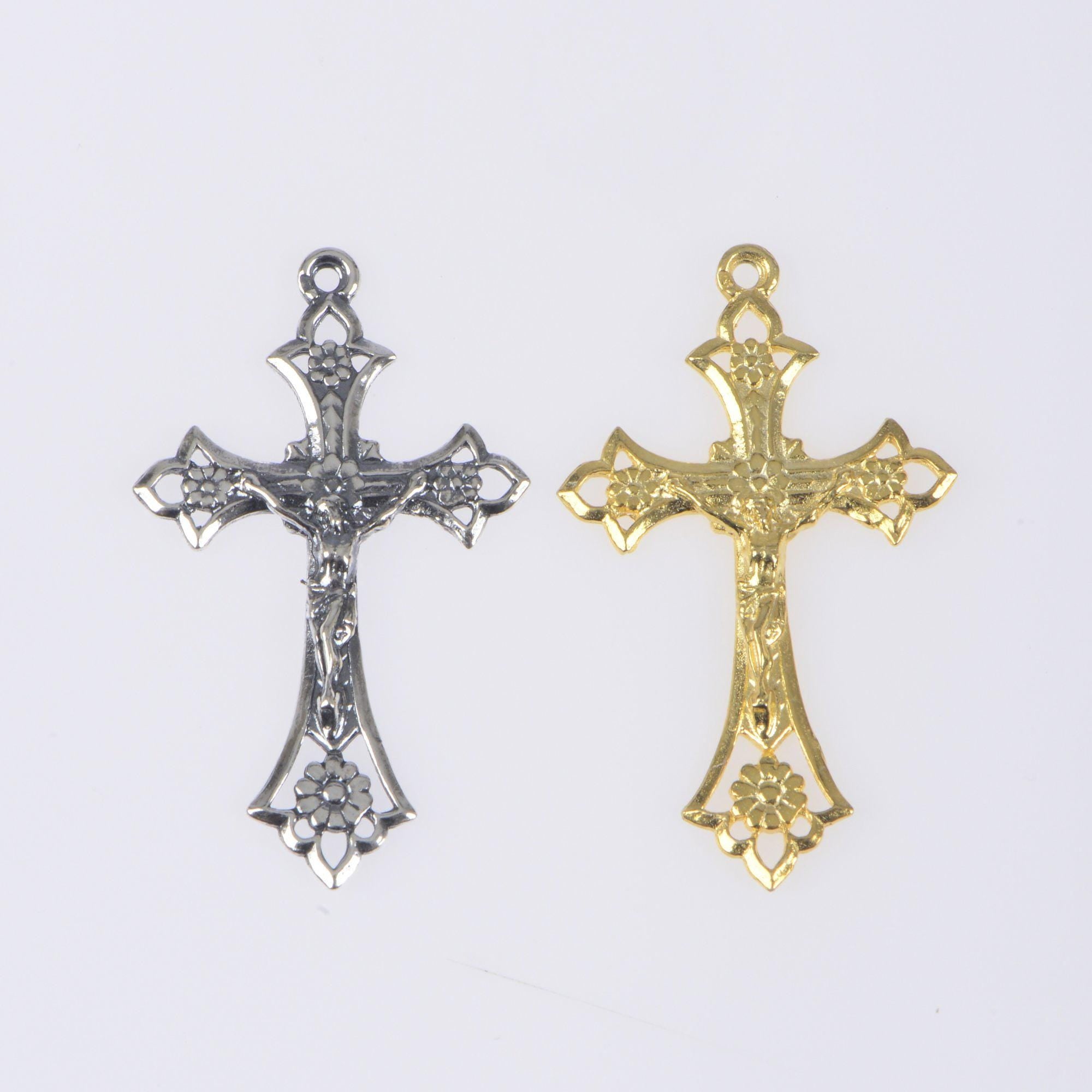 925 Sterling Silver & 24K Gold Vermeil Open work Crucifix with Daisies, Jewelry Supply, R62-RV62