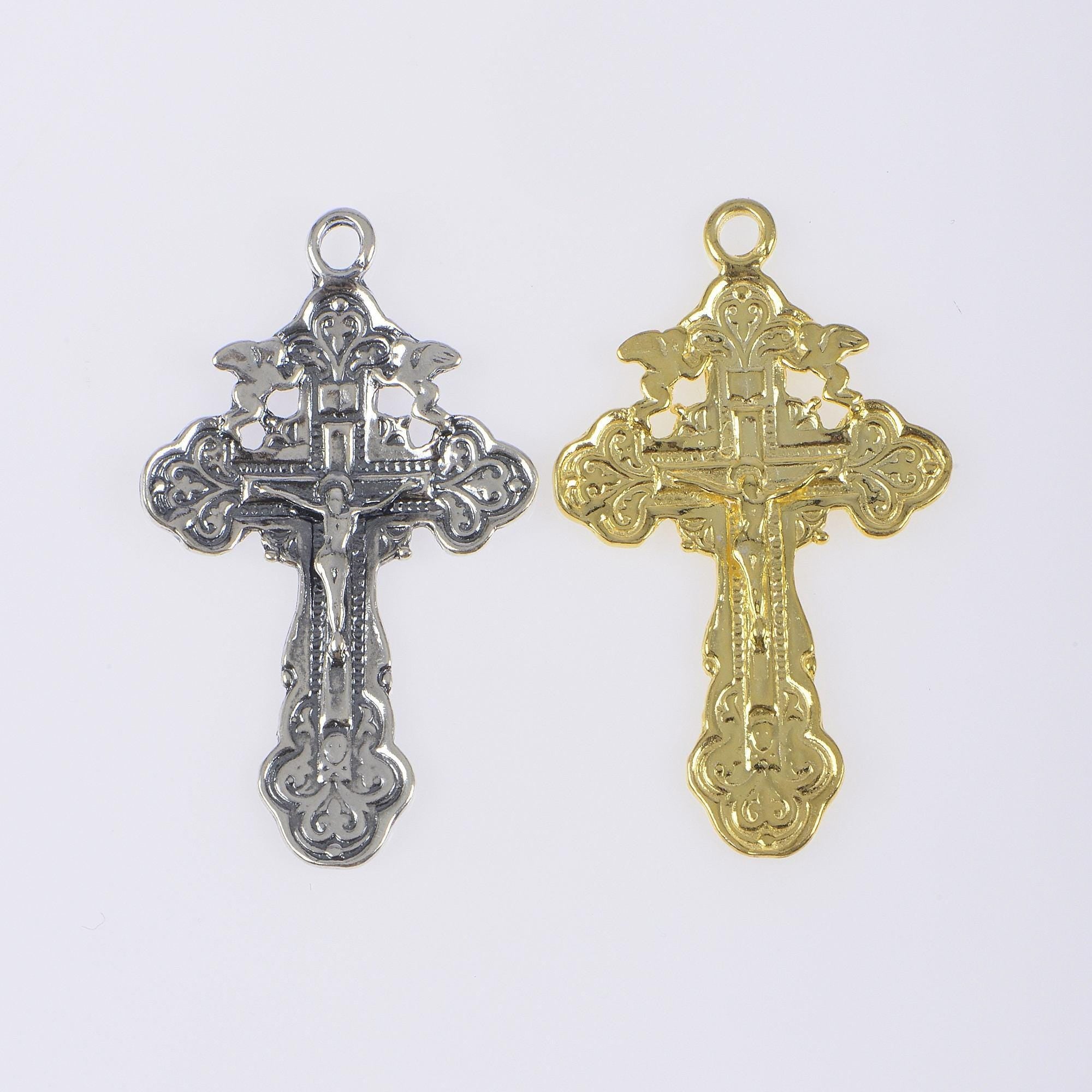 925 Sterling Silver & 24K Gold Vermeil Cross Pendant, Pendant Russian Greek Style Elaborate Crucifix with Angels, Jewelry Supply, R42P-RV42P