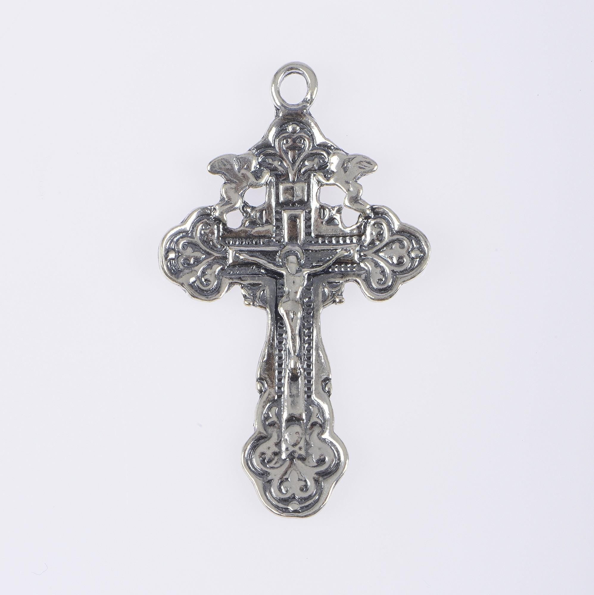925 Sterling Silver & 24K Gold Vermeil Cross Pendant, Pendant Russian Greek Style Elaborate Crucifix with Angels, Jewelry Supply, R42P-RV42P