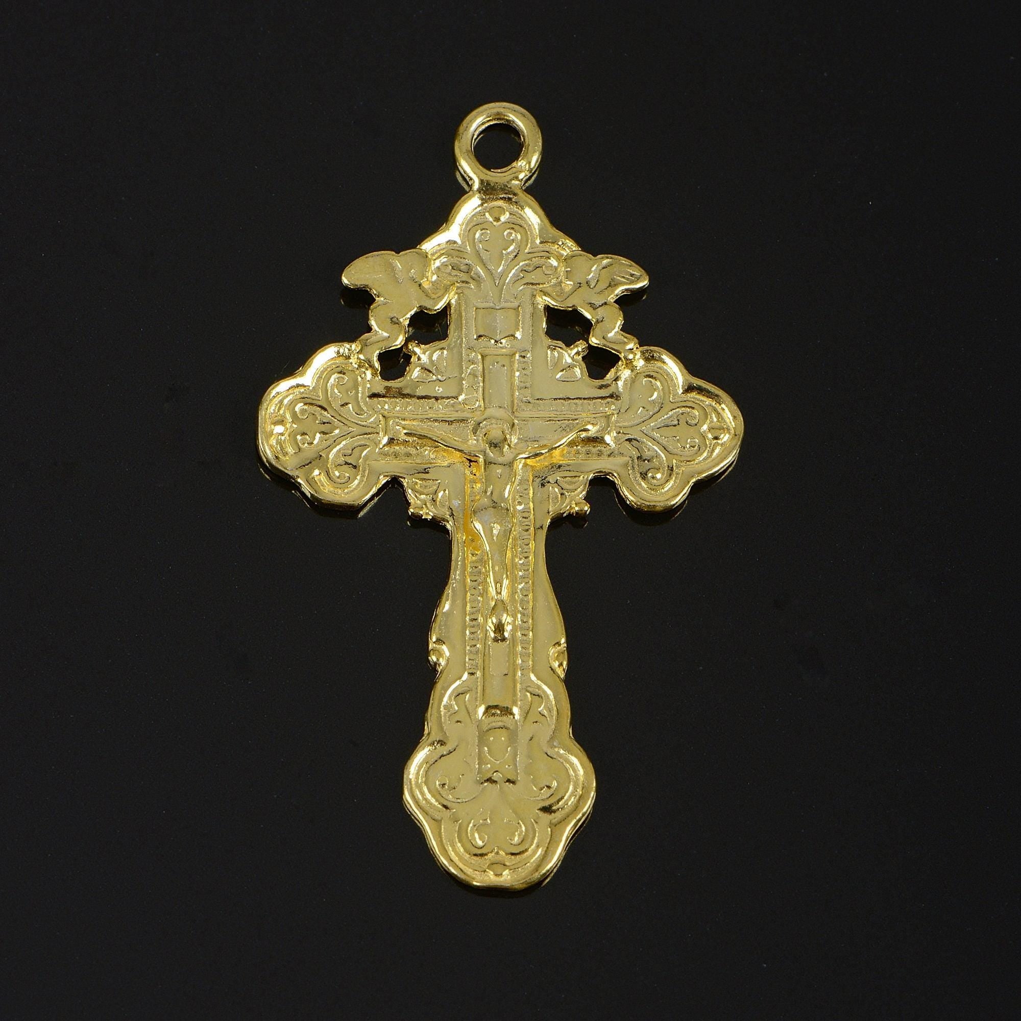 925 Sterling Silver & 24K Gold Vermeil Cross Pendant, Pendant Russian Greek Style Elaborate Crucifix with Angels, Jewelry Supply, R42P-RV42P