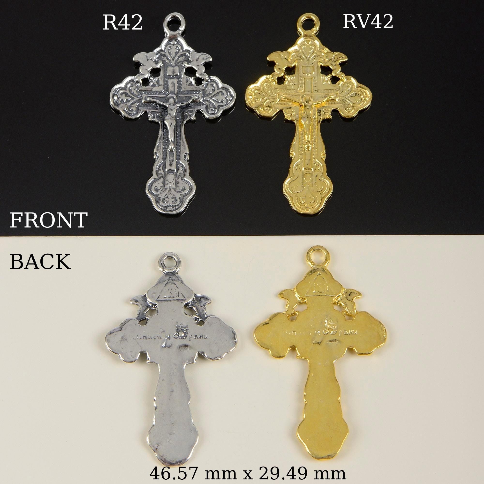 925 Sterling Silver & 24K Gold Vermeil Cross Pendant, Pendant Russian Greek Style Elaborate Crucifix with Angels, Jewelry Supply, R42P-RV42P
