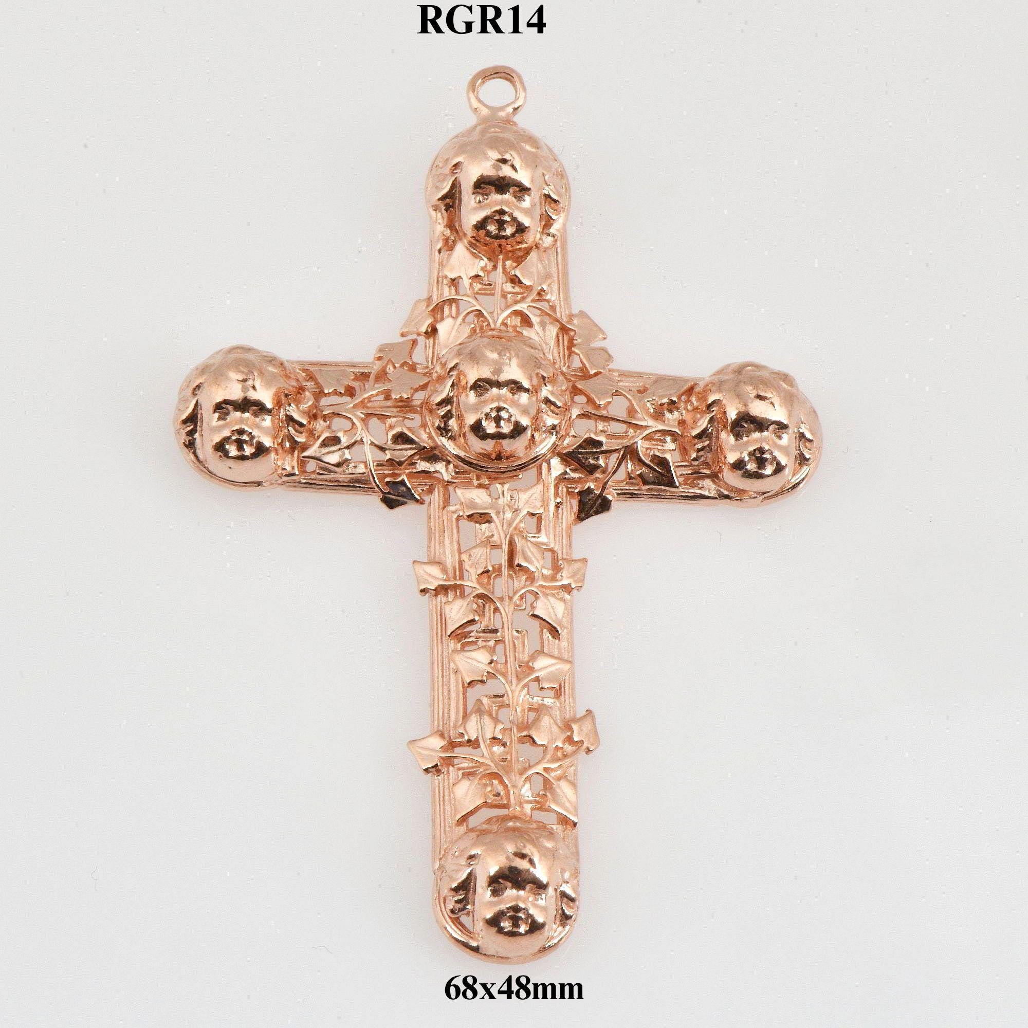 Large 925 Sterling Silver Rose Gold Filigree Angel Head Cross, Pectoral Pendant – Art Nouveau – Rare, Jewelry Supply, RGR14