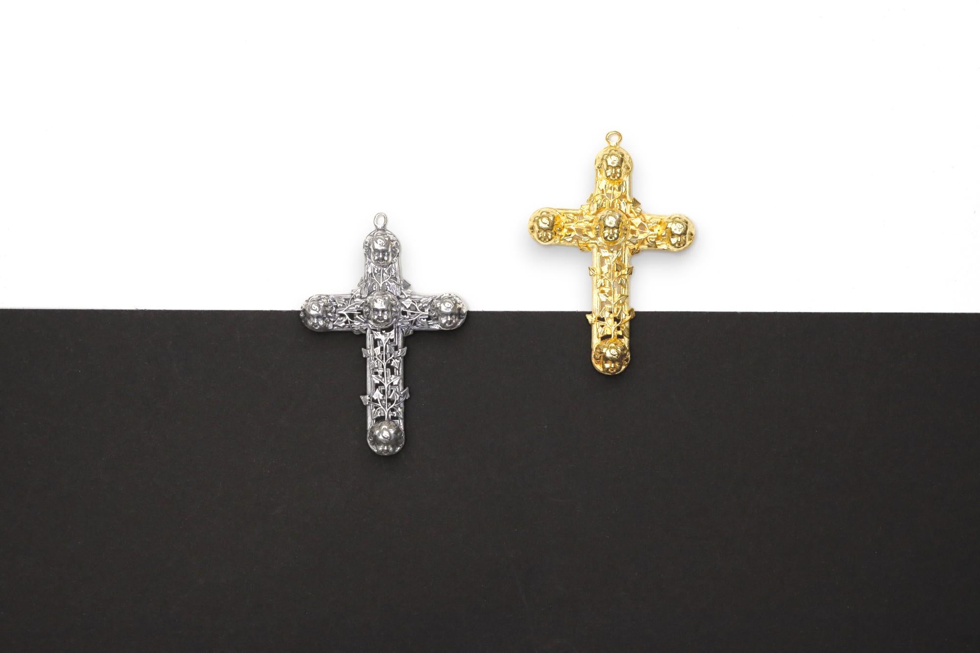 Large 925 Sterling Silver & 24K Vermeil Filigree Angel Head Cross, Pectoral Pendant – Art Nouveau – Rare, Jewelry Supply, R14-RV14