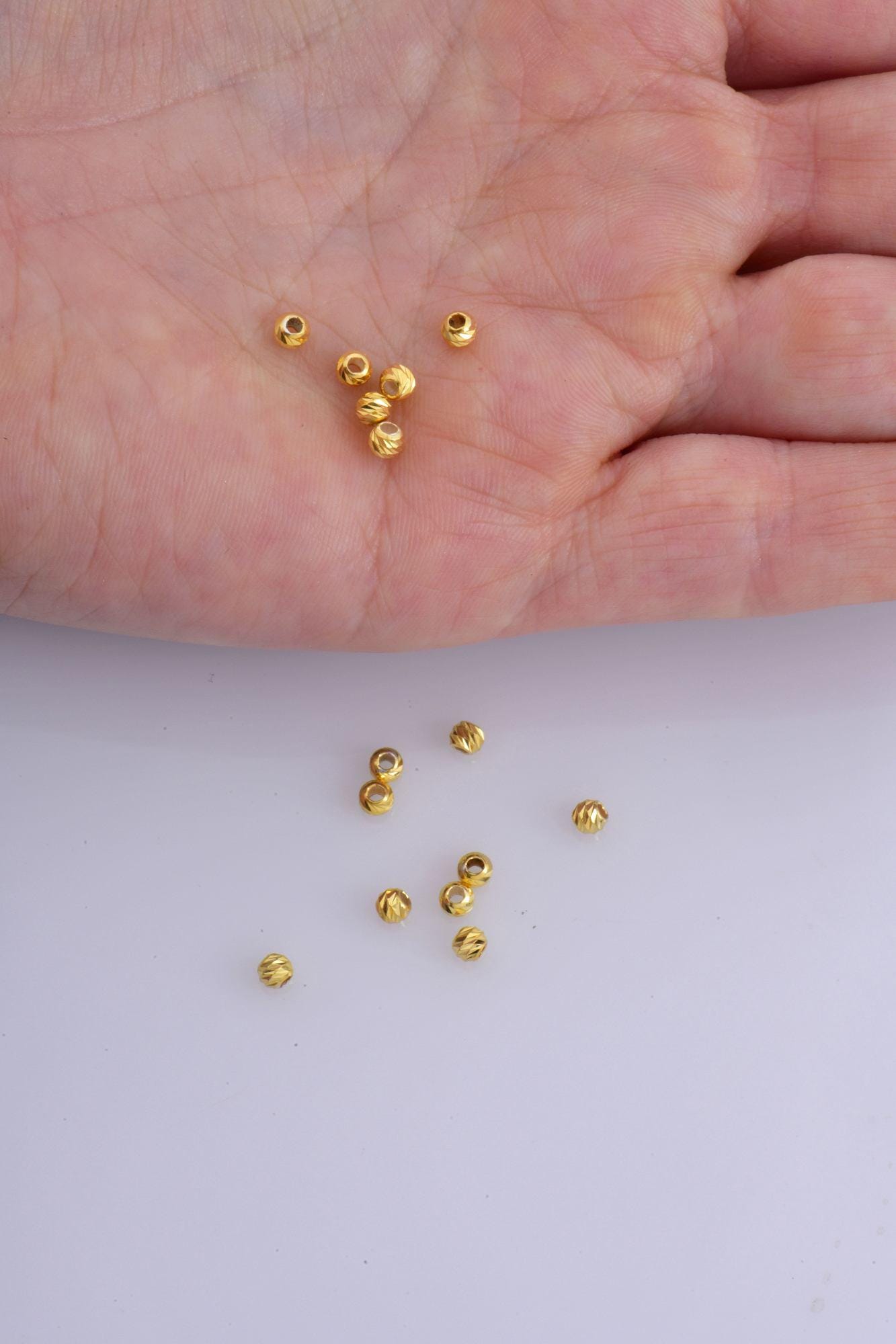 24K Gold Vermeil Round Beads, 925 Sterling Silver Laser Multi Diamond Cut Beads, Moon Cut Spacer Beads, Jewelry Crafting Supplies, VM2B