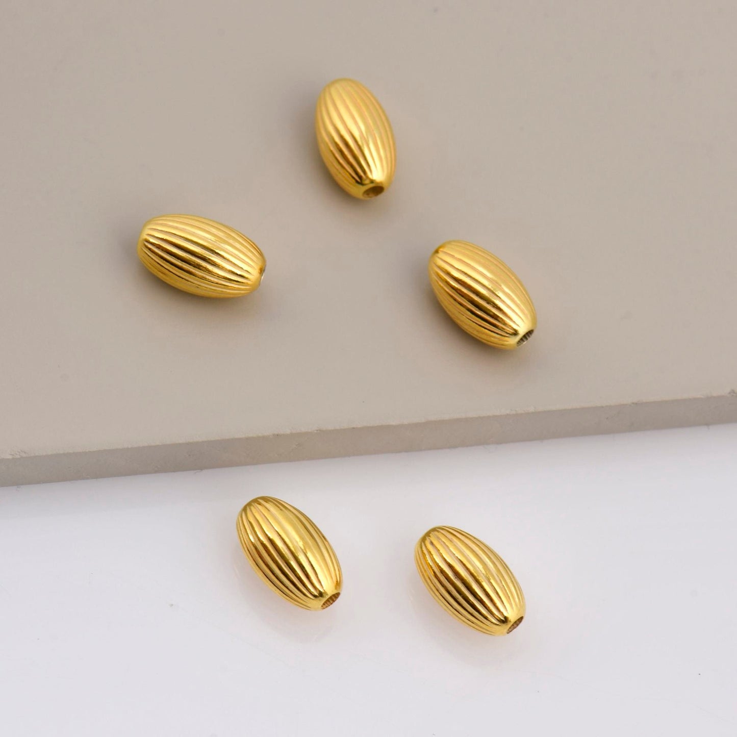 Silver Corrugated Oval Beads in 24K Gold Vermeil, 24K Gold Plated Seamless Oval Beads, Olive Shape Beads, Jewelry Supplies, M/VM4 A-E