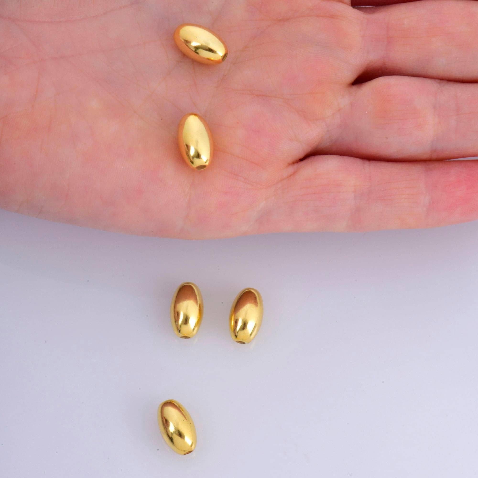 24K Gold 4.5 to 13.5mm Plated Rice Shape Beads, 925 Silver Oval Beads in Gold Vermeil, Smooth Seamless Olive Beads, Jewelry Supplies, VM1A-F
