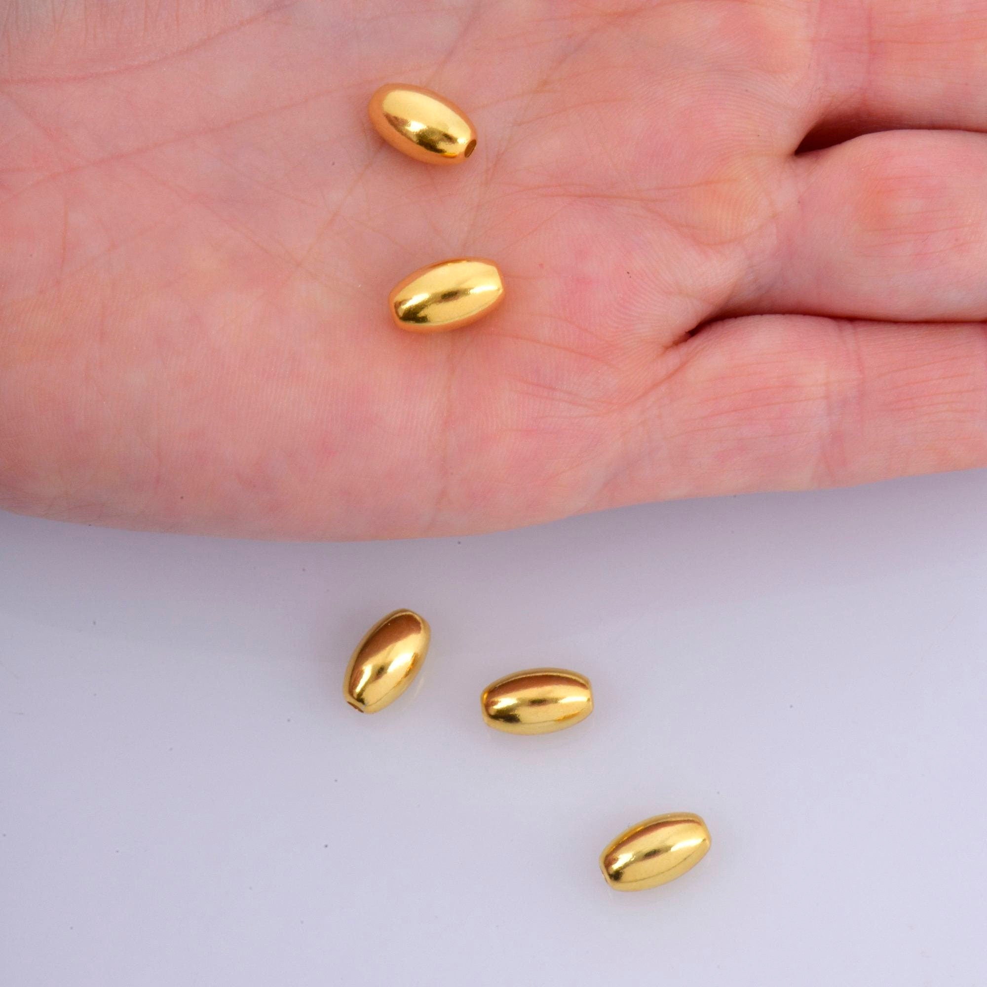 24K Gold 4.5 to 13.5mm Plated Rice Shape Beads, 925 Silver Oval Beads in Gold Vermeil, Smooth Seamless Olive Beads, Jewelry Supplies, VM1A-F
