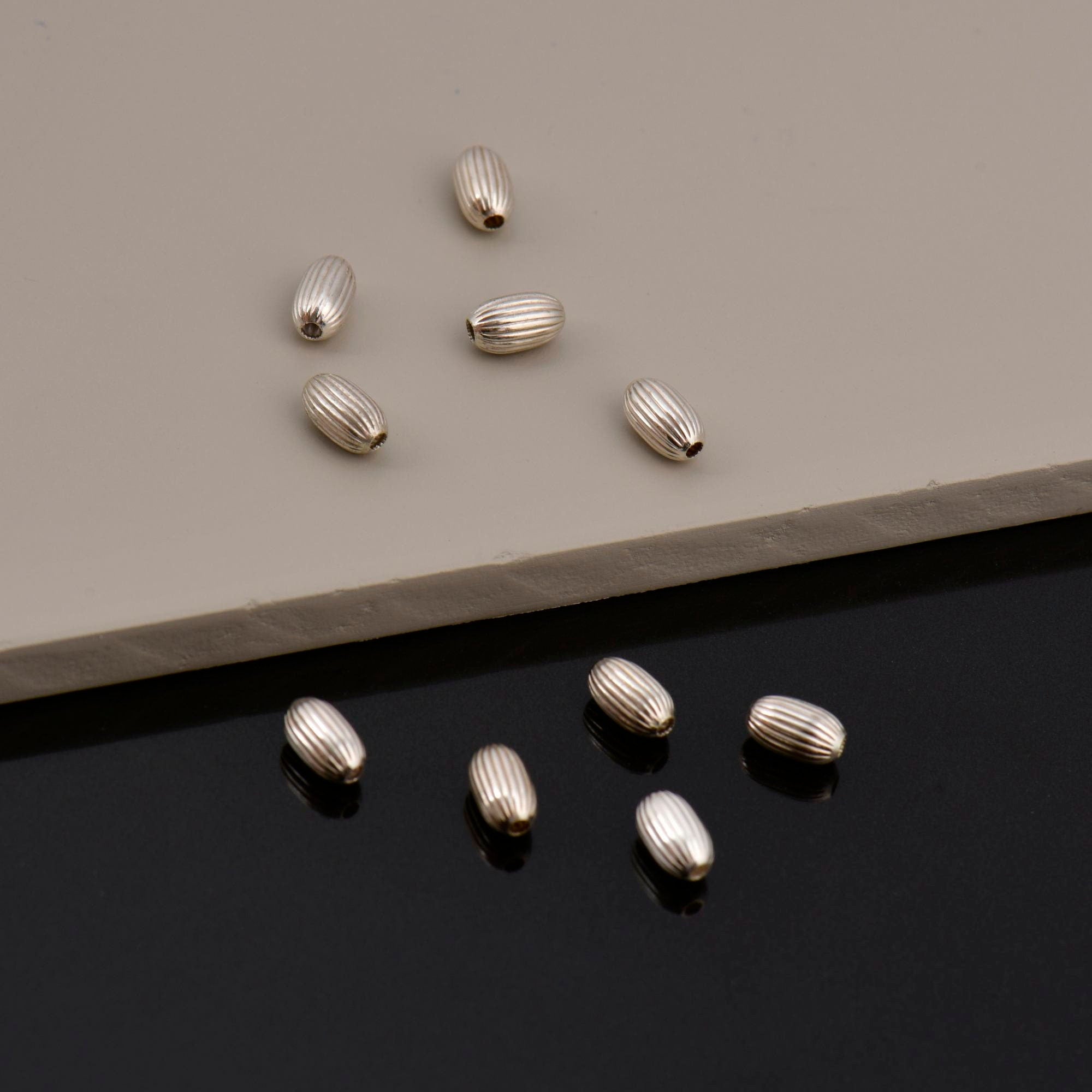 925 Sterling Silver Corrugated Oval Beads, Solid Seamless Oval Beads, Silver Olive Shape Beads, Barrel Shape Jewelry Craft Supplies, M4 A-E