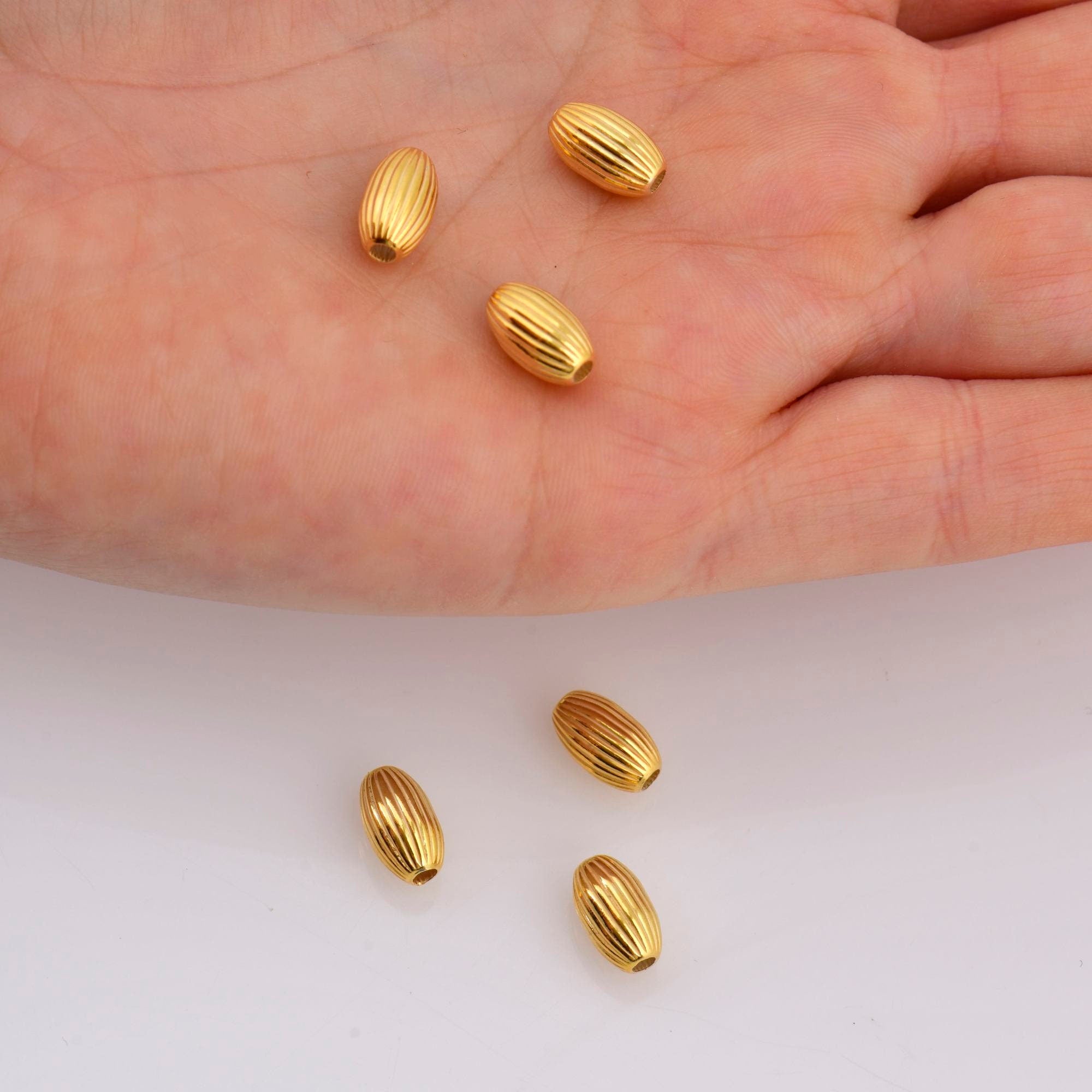 24K Gold 10mmx6mm Plated Seamless Oval Beads, 925 Silver Corrugated Oval Beads in Gold Vermeil, Olive Shape Beads, Jewelry Supplies, VM4D