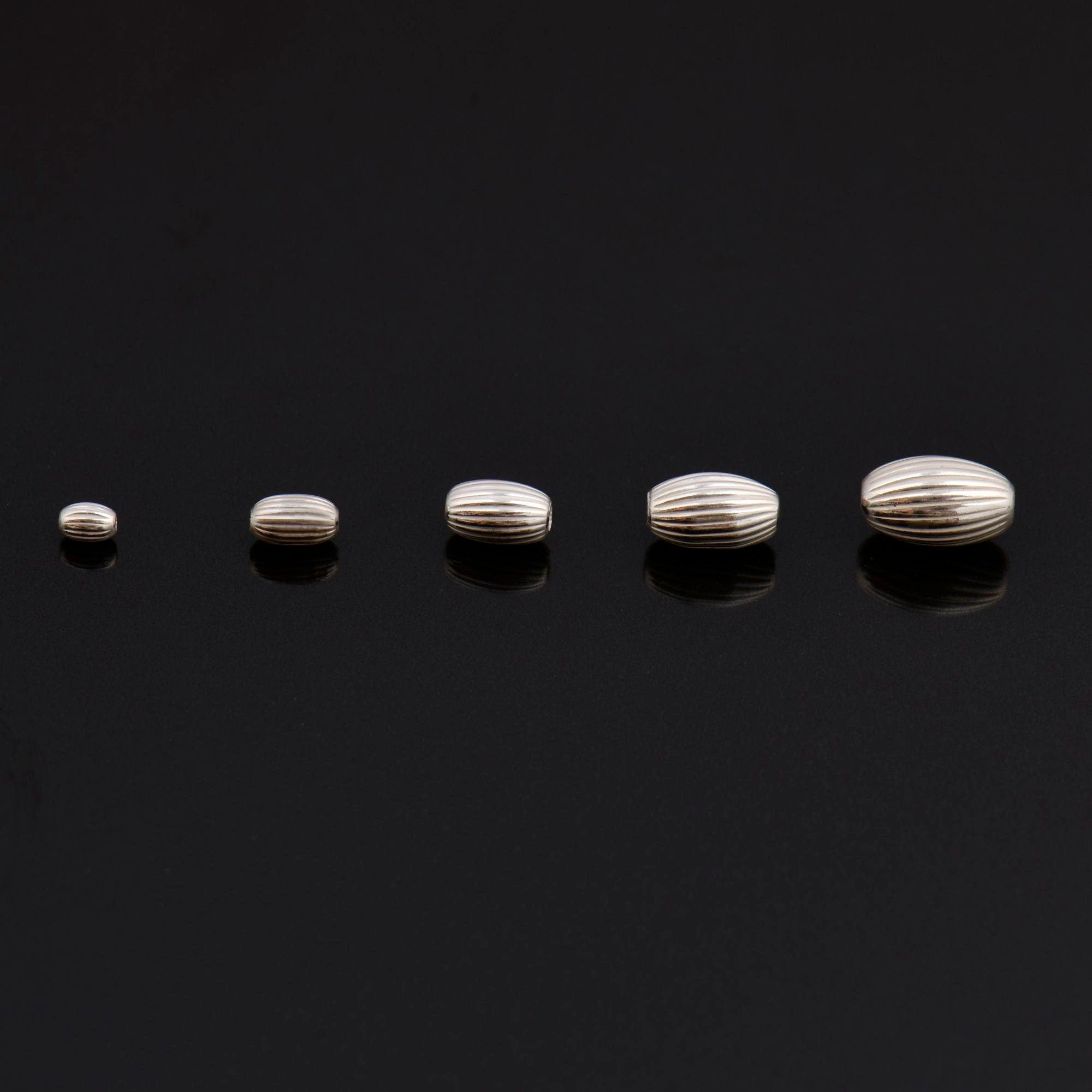 925 Sterling Silver Corrugated Oval Beads, Solid Seamless Oval Beads, Silver Olive Shape Beads, Barrel Shape Jewelry Craft Supplies, M4 A-E