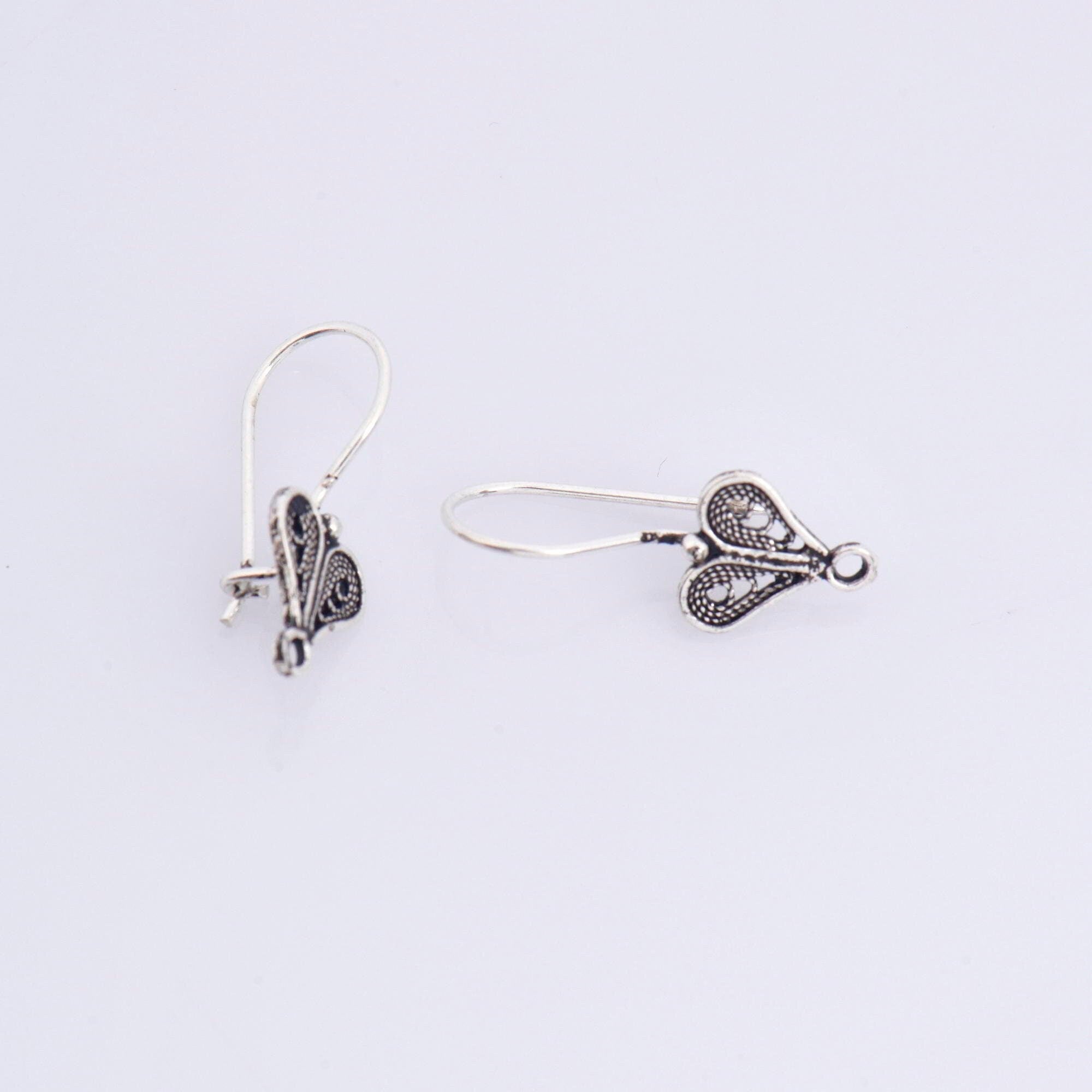 925 Sterling Silver Heart Shape Ear Wires, Solid Earring Hooks, Oxidized Silver Ear Wires, Earrings Making Supply, Jewelry Findings, M46