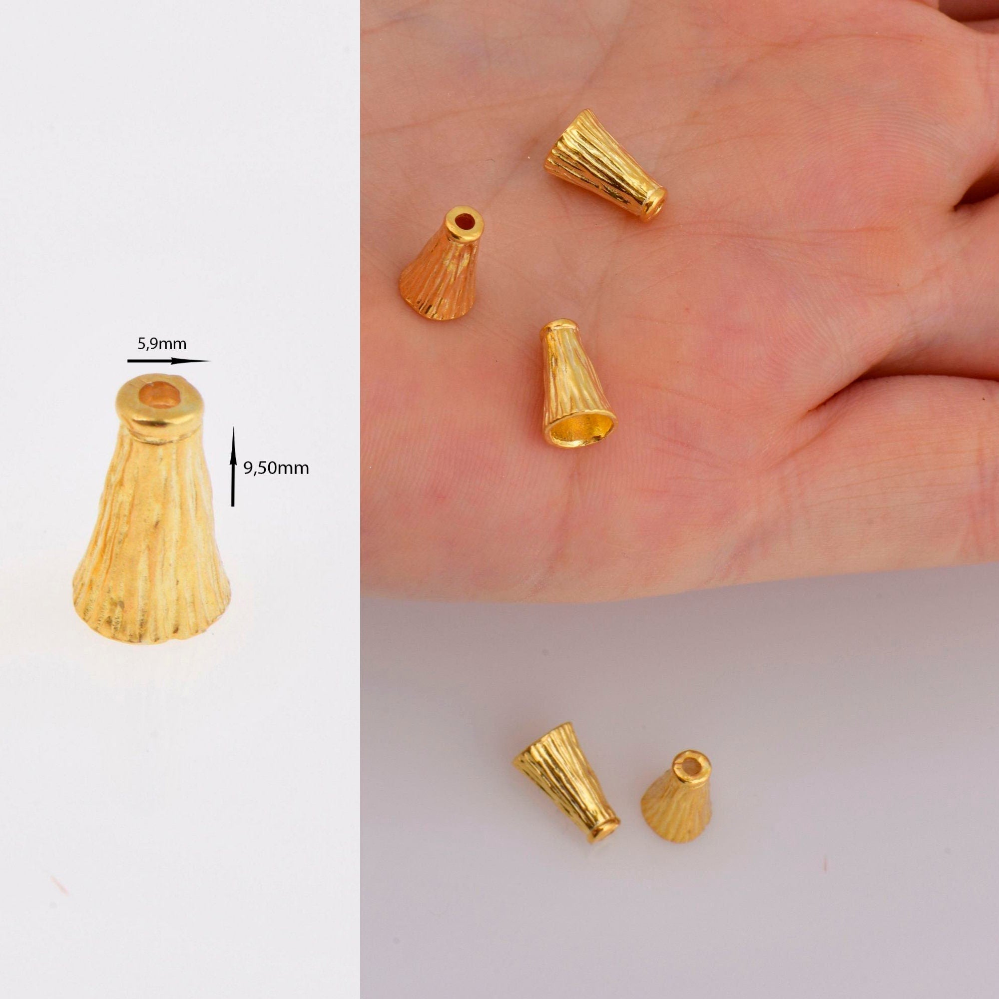 24K Gold Vermeil Cone Shape Beads, Gold Plated Cone Bead Caps, 925 Silver End Bead Cones, Pyramid Bead Caps, Jewelry Findings, VM29A-B-C