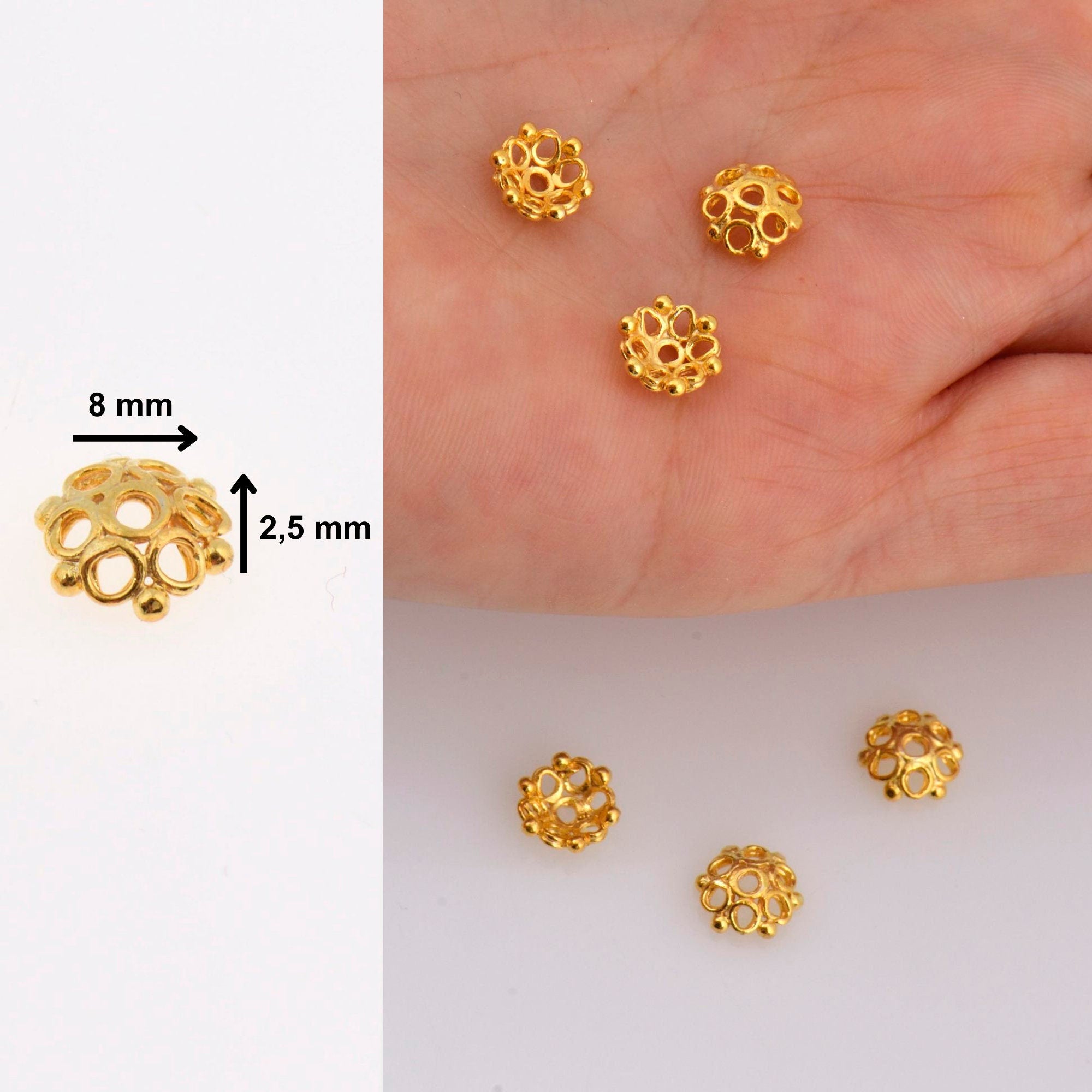 24K Gold Vermeil 8-9mm Flower Bead Caps, Gold Plated Bead Caps, 925 Solid Silver Bead Caps in Gold, Spacer Bead Caps, Jewelry Making, VM6A-B