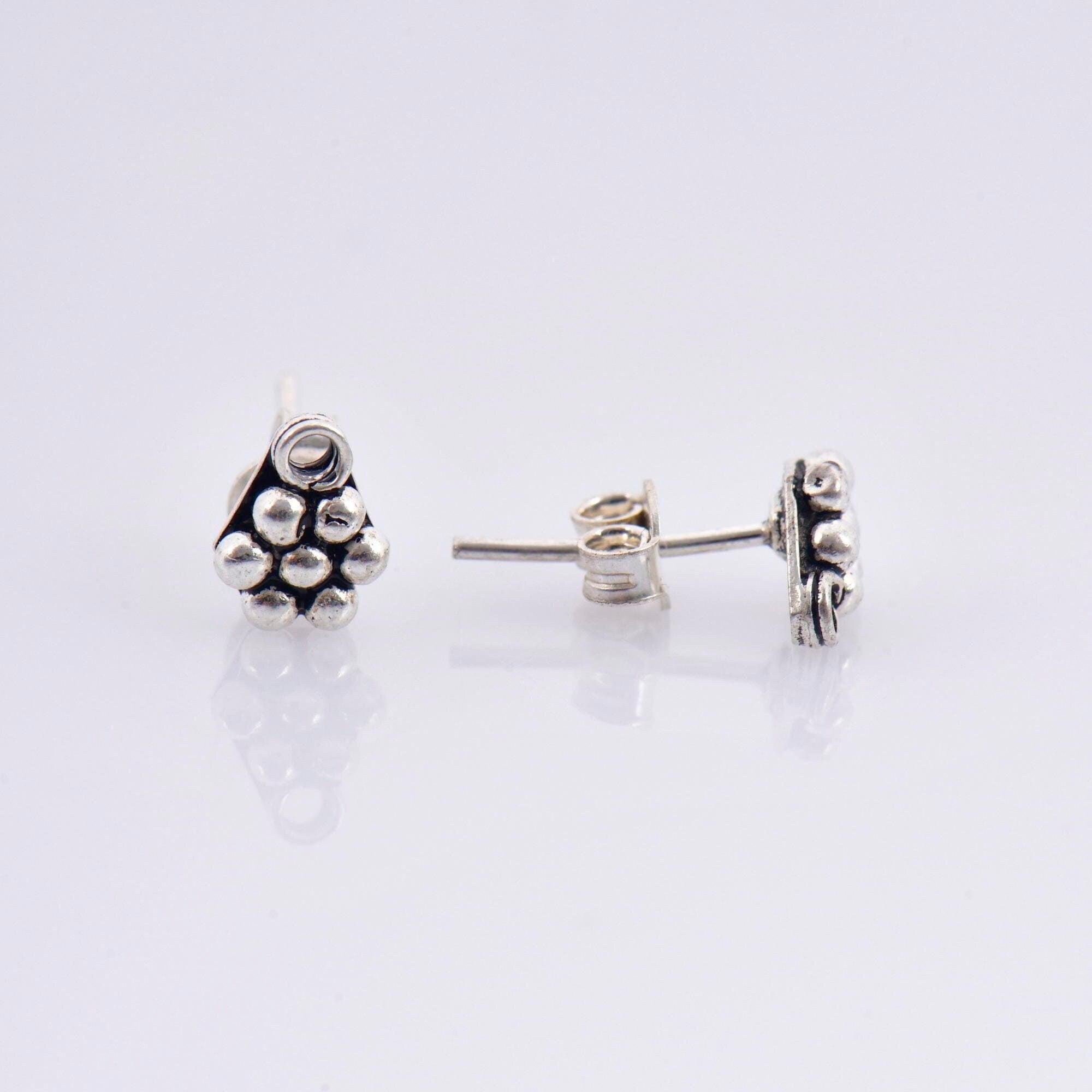 925 Sterling Silver Flower Ear Post, Antique Silver Flower Earring Studs with Loop, Solid Silver Earring Posts, Jewelry Making Findings, M51