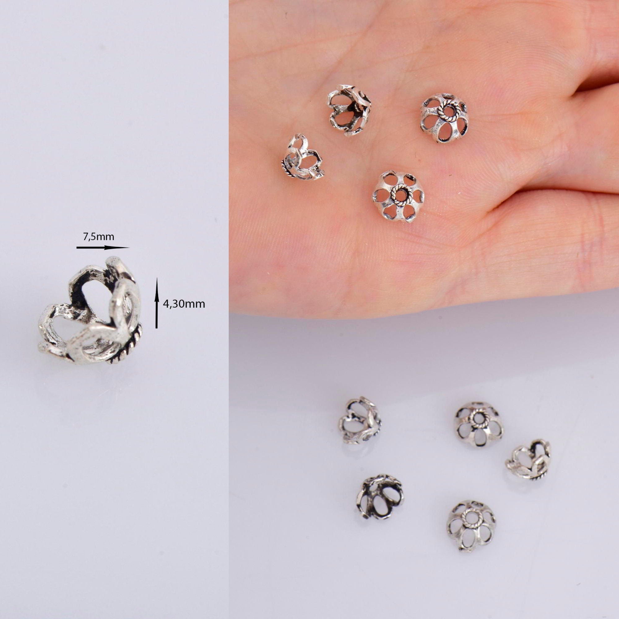 925 Sterling Silver 7.5mm Bead Caps, Silver Bead Caps, Oxidized Solid Silver Bead Caps, Jewelry Spacer Bead Caps, Jewelry Craft Supply, M10